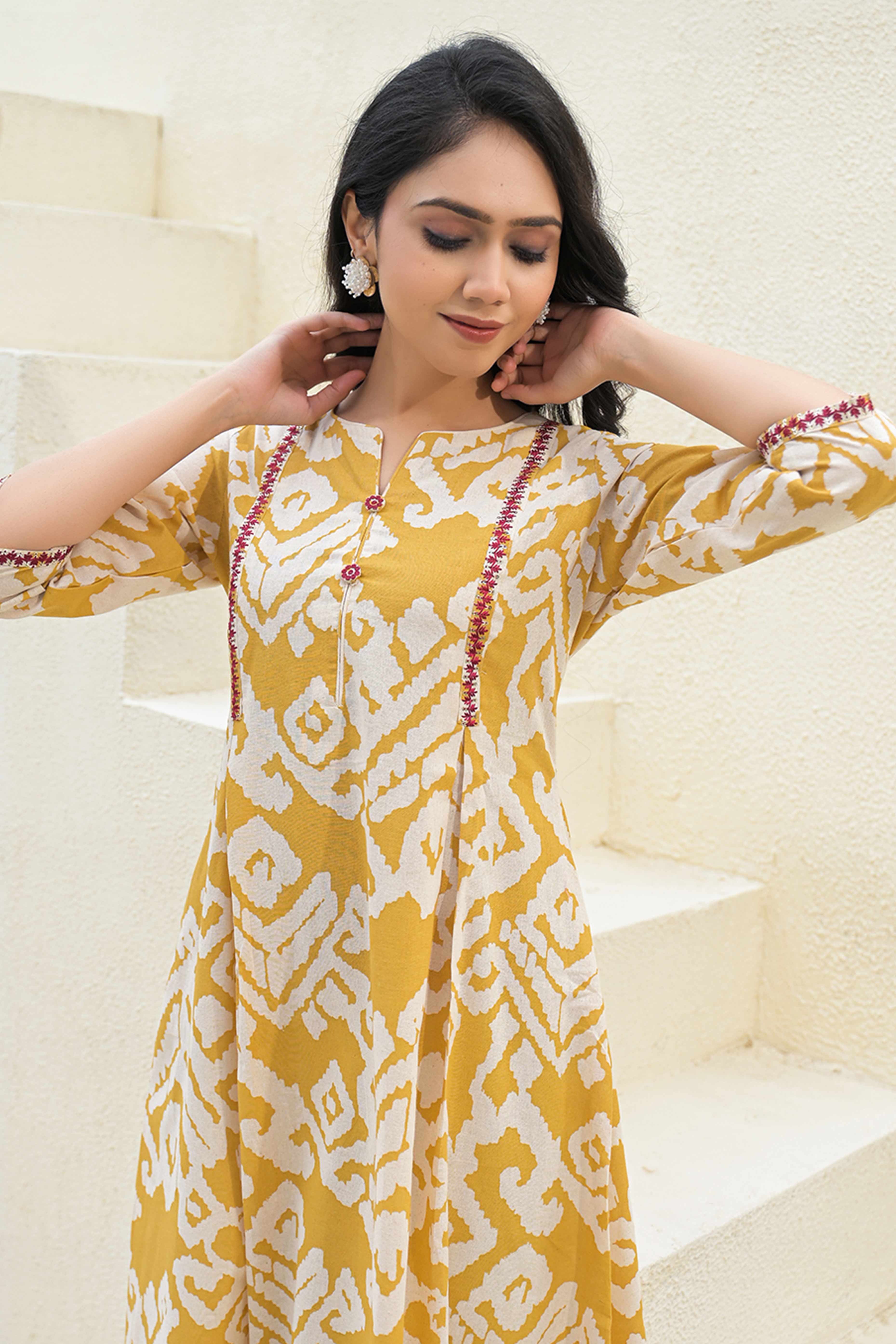Pure Cotton Mustard A-Line Kurti with Ethnic Ikkat Patterns