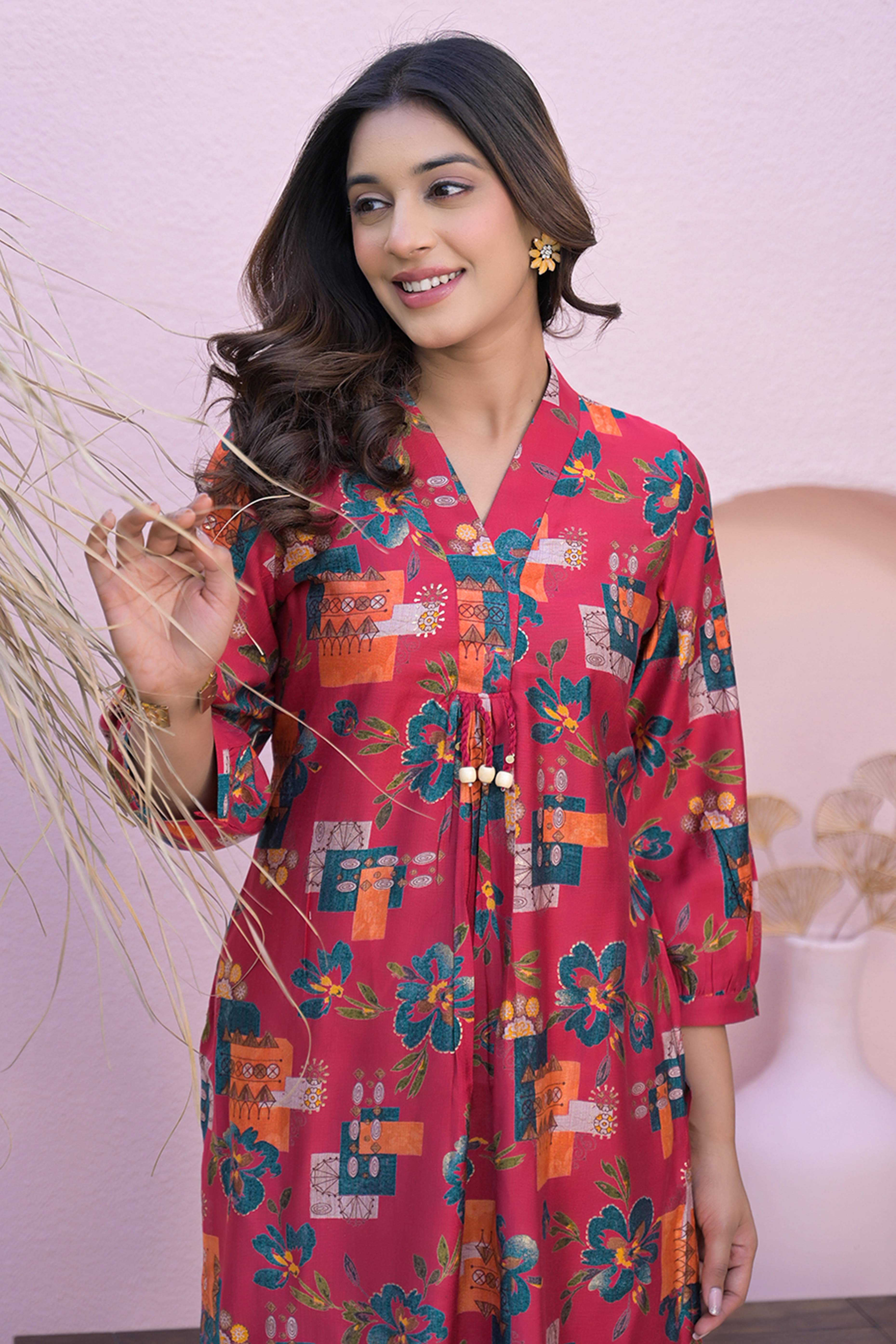 Pink A-Line Kurti in Soft Viscose with Floral Design