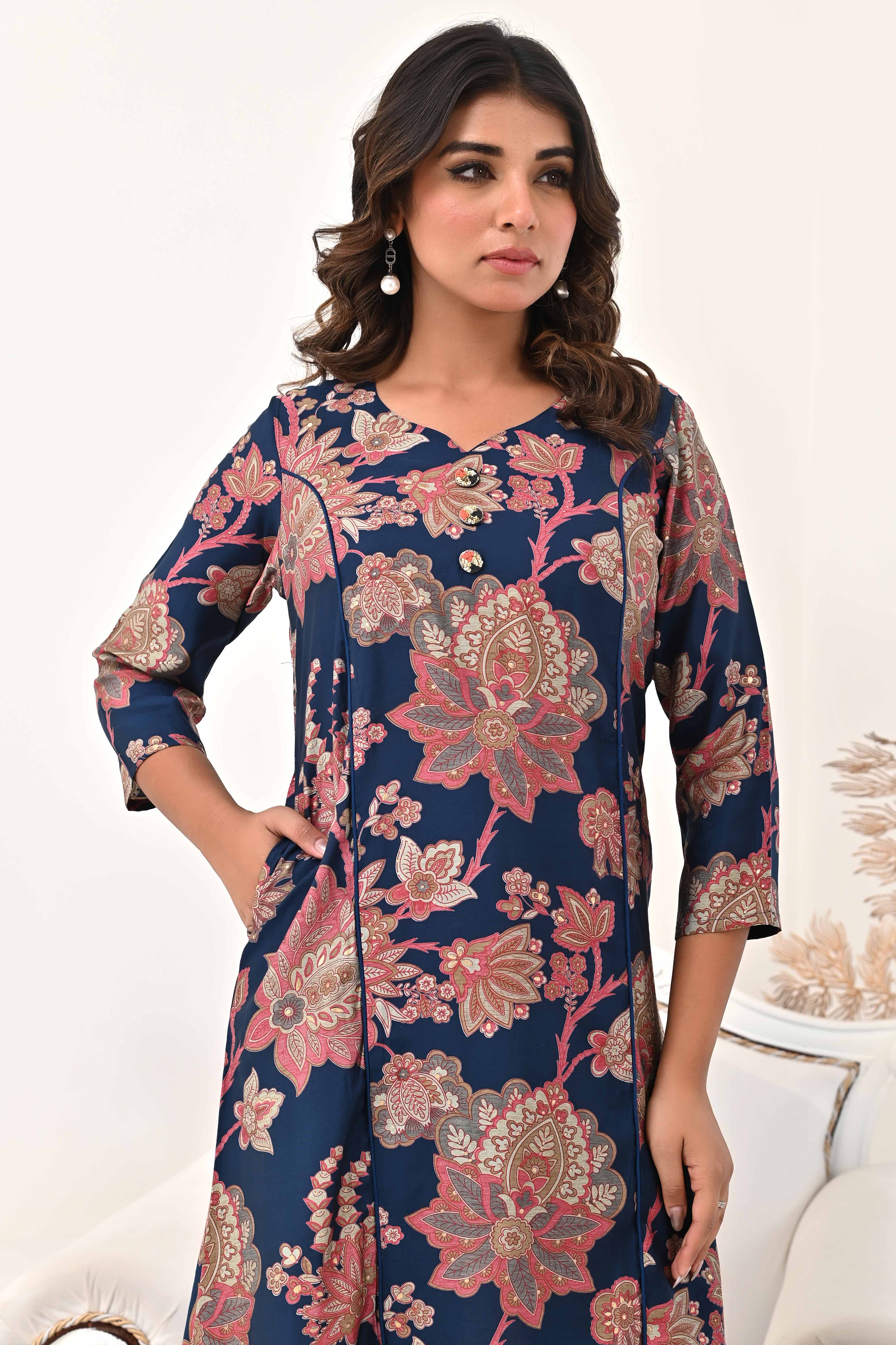 Navy Blue Chanderi Silk Kurti Dress with Artistic Floral Prints