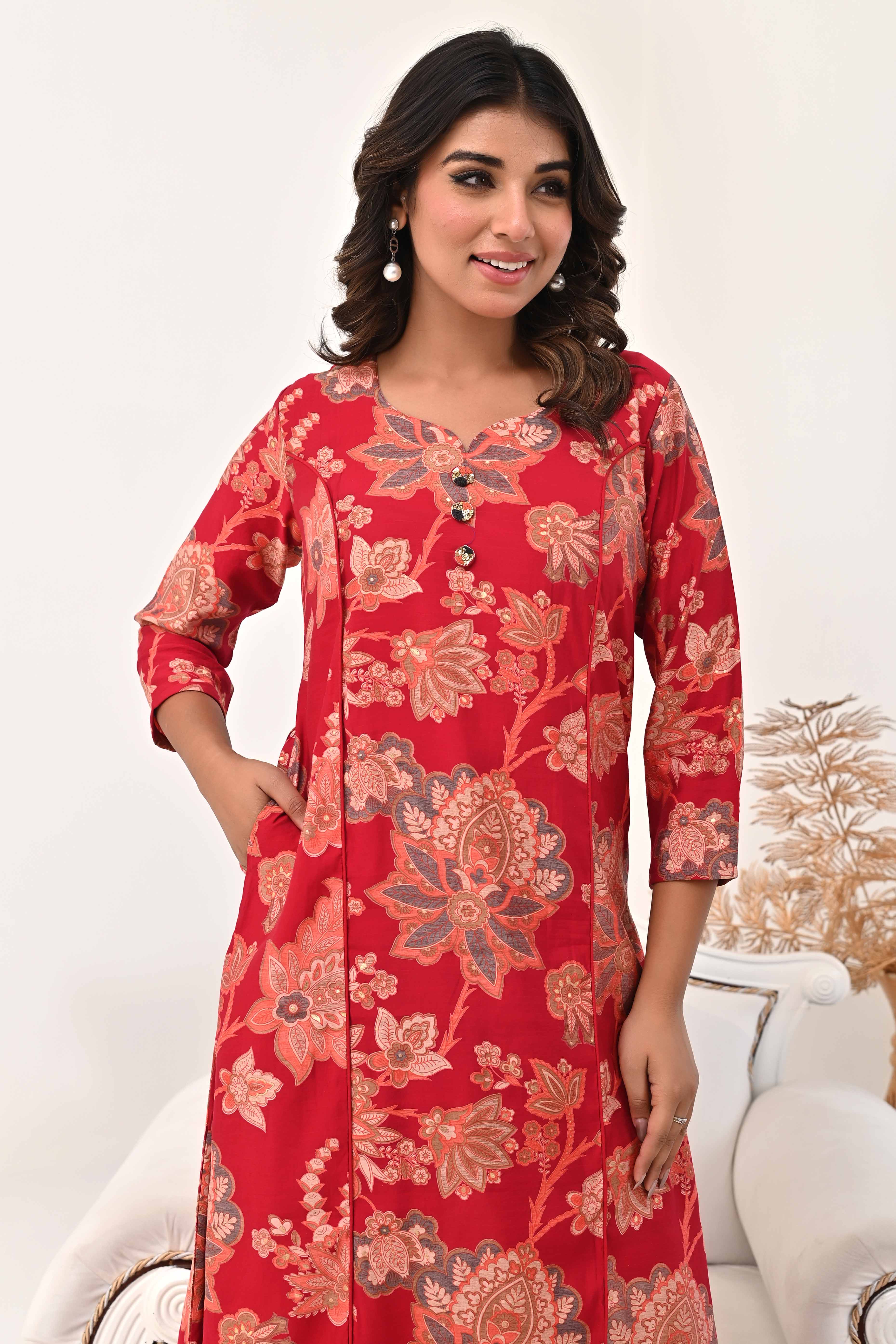 Red Chanderi Silk Kurti Dress with Artistic Floral Prints