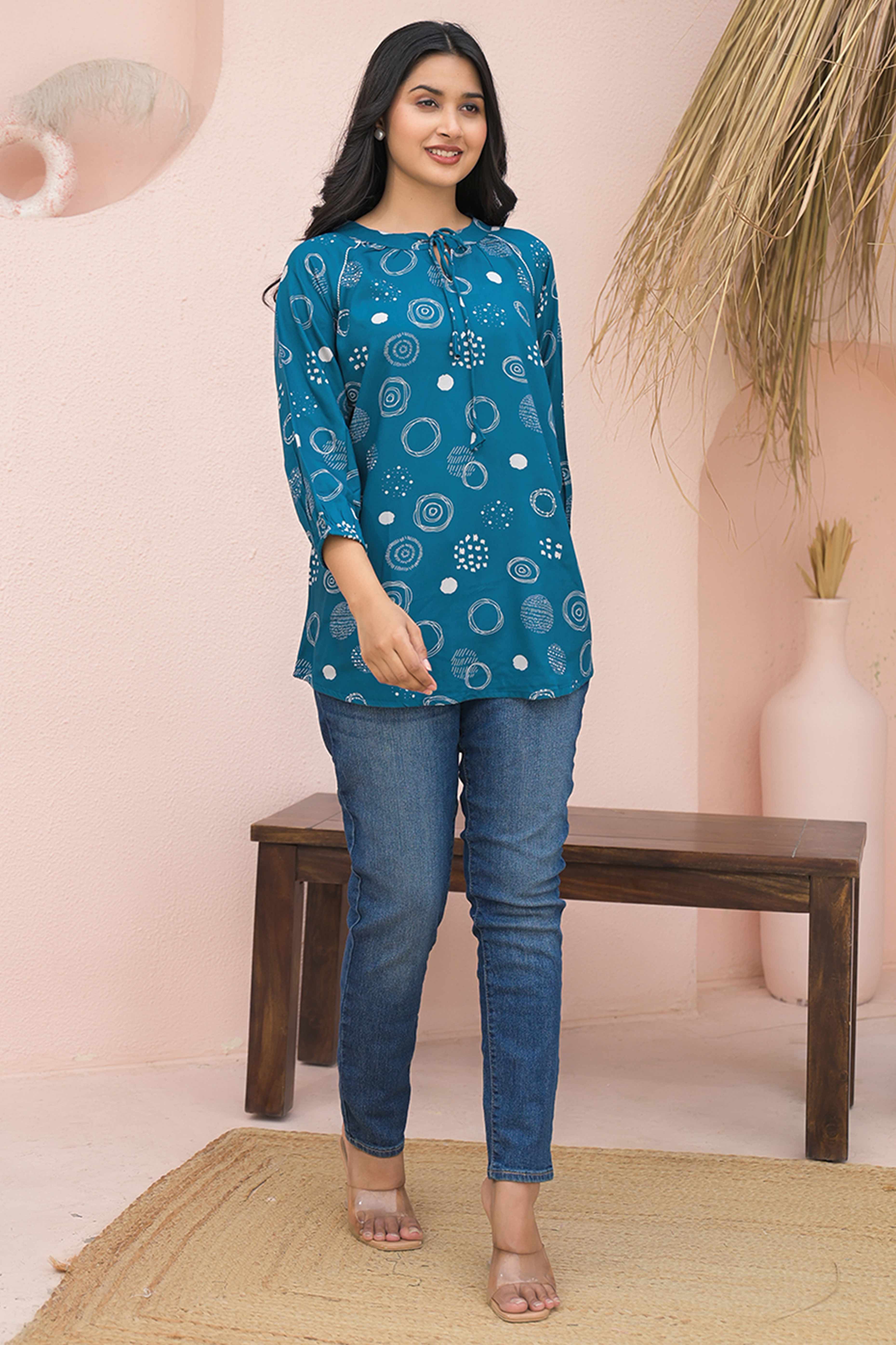 Trendy Blue Straight-Cut Rayon Top with All-Over Print