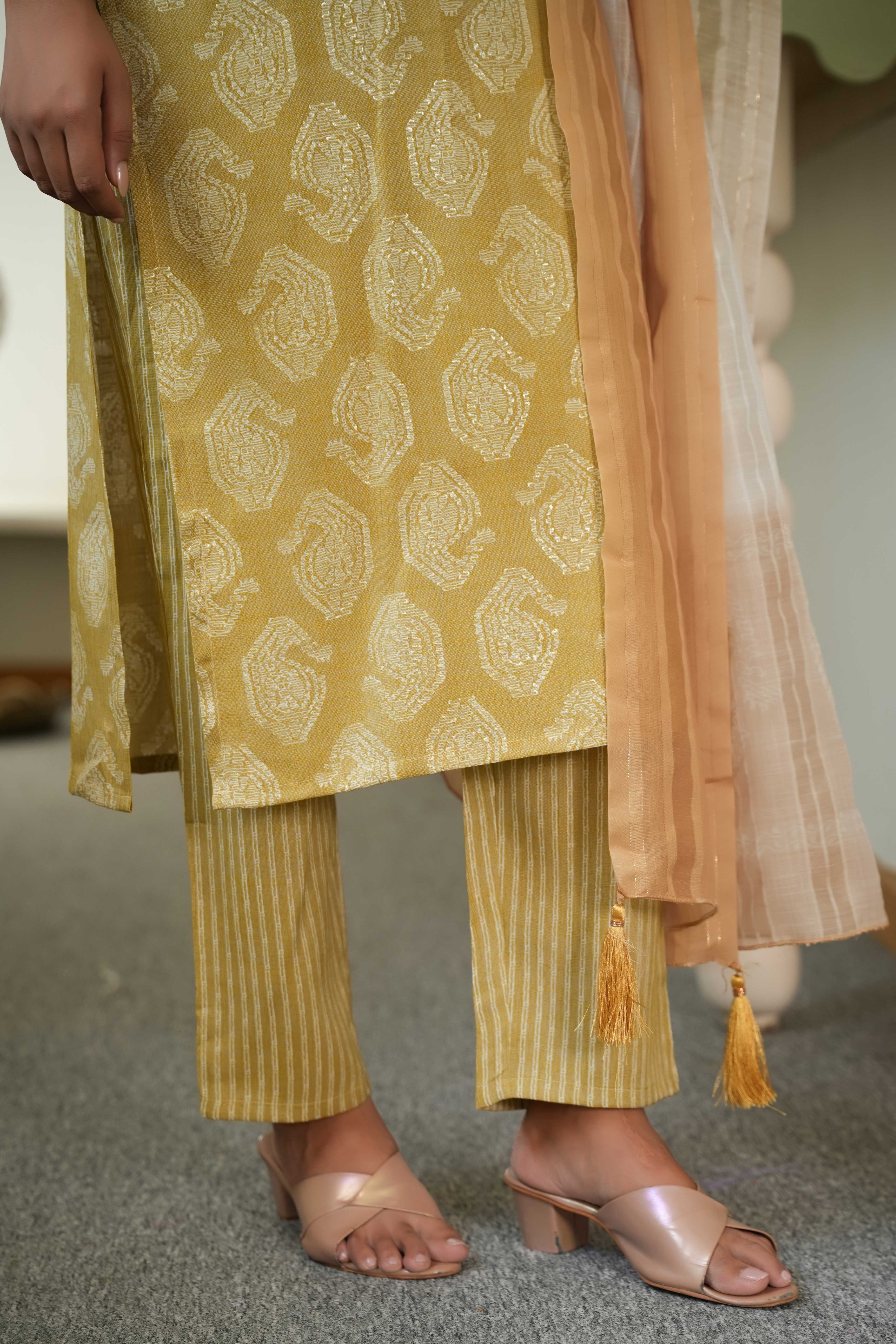Dazzling Mustard Printed Rayon Straight Salwar Suit With Delicate Floral Sequins Embroidery Work