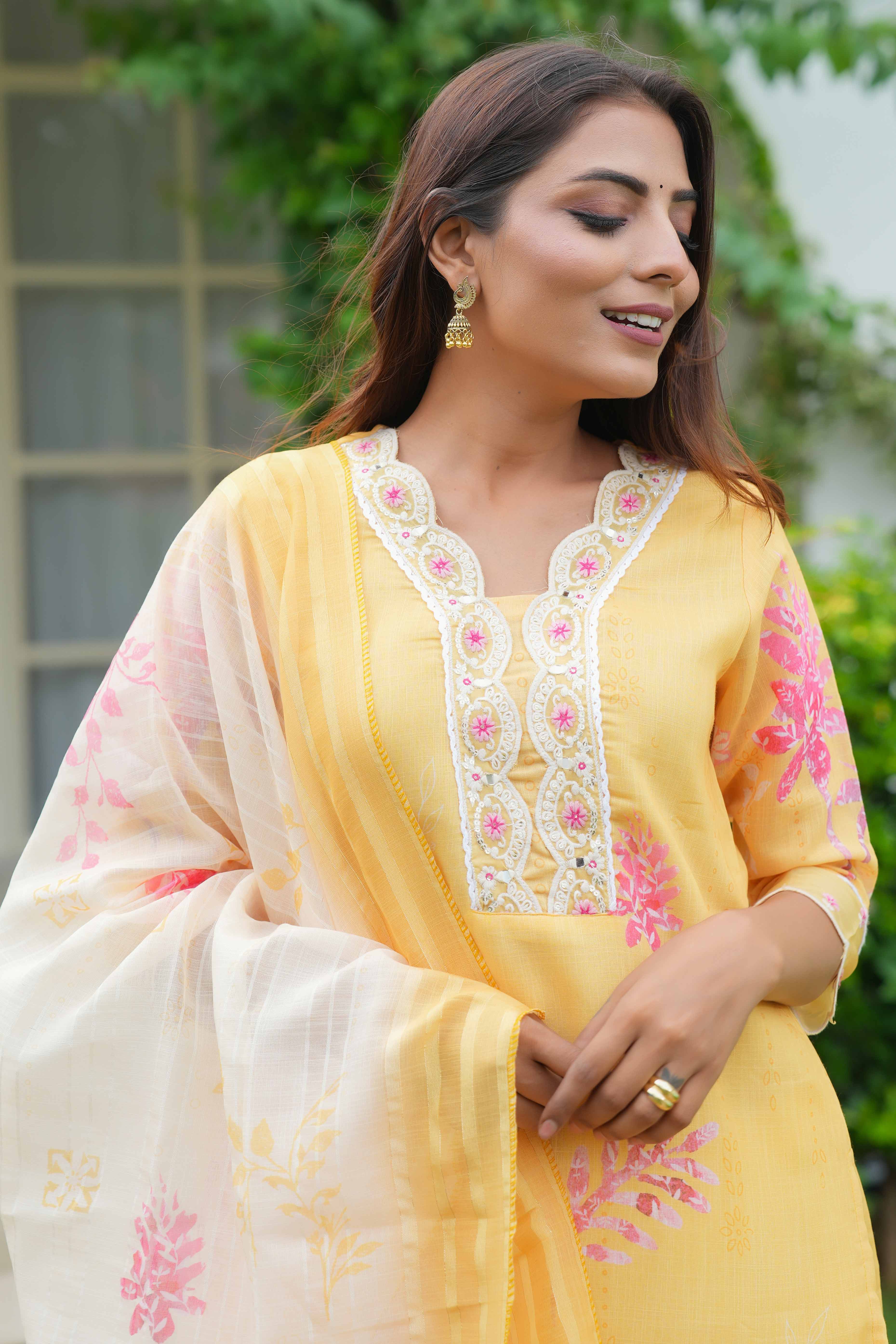 Yellow Floral With Lace Work One Neck Linen Salwar Suit