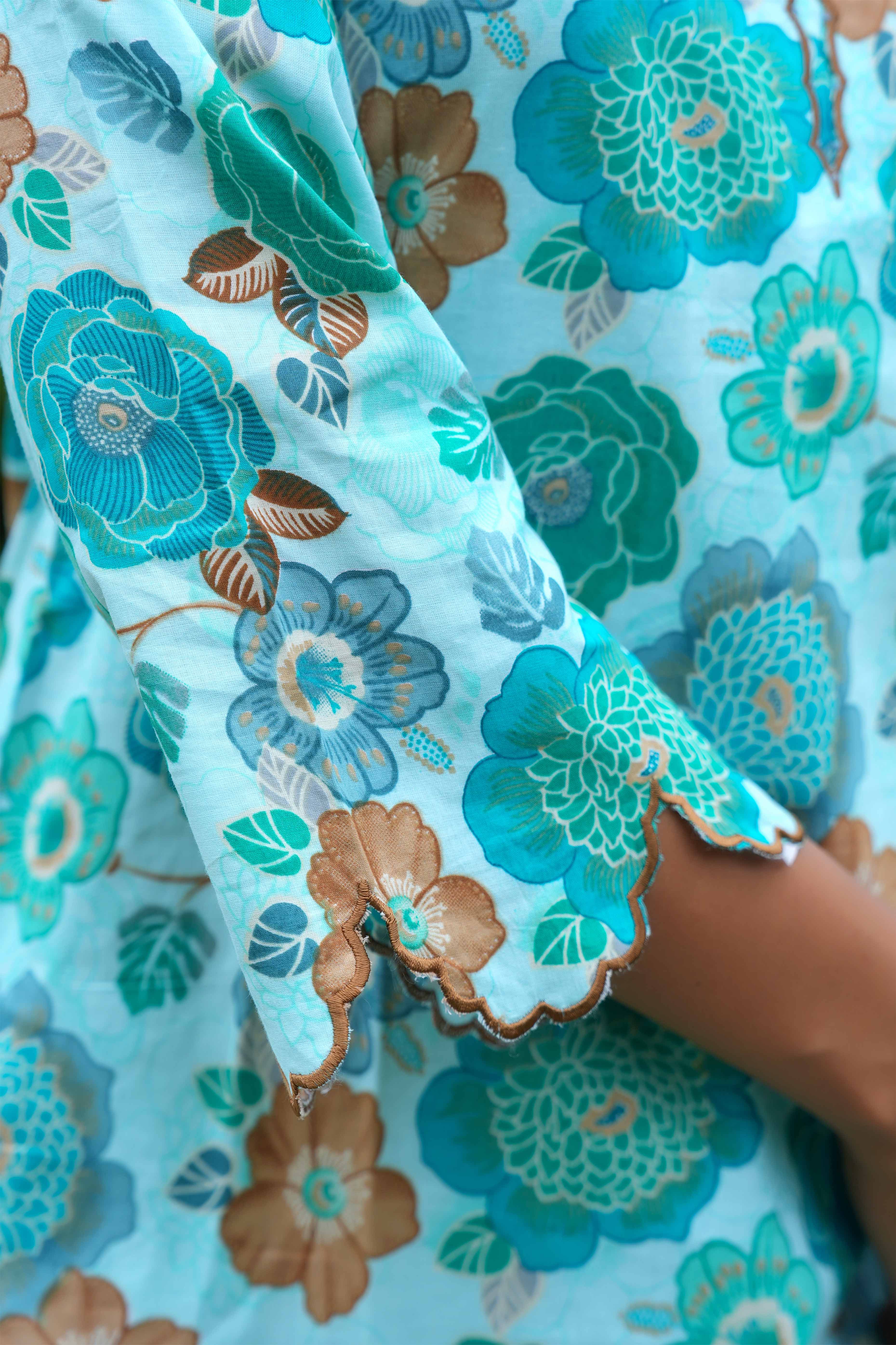 Turquoise Cotton Salwar Suit With Floral Print & Straight Fit