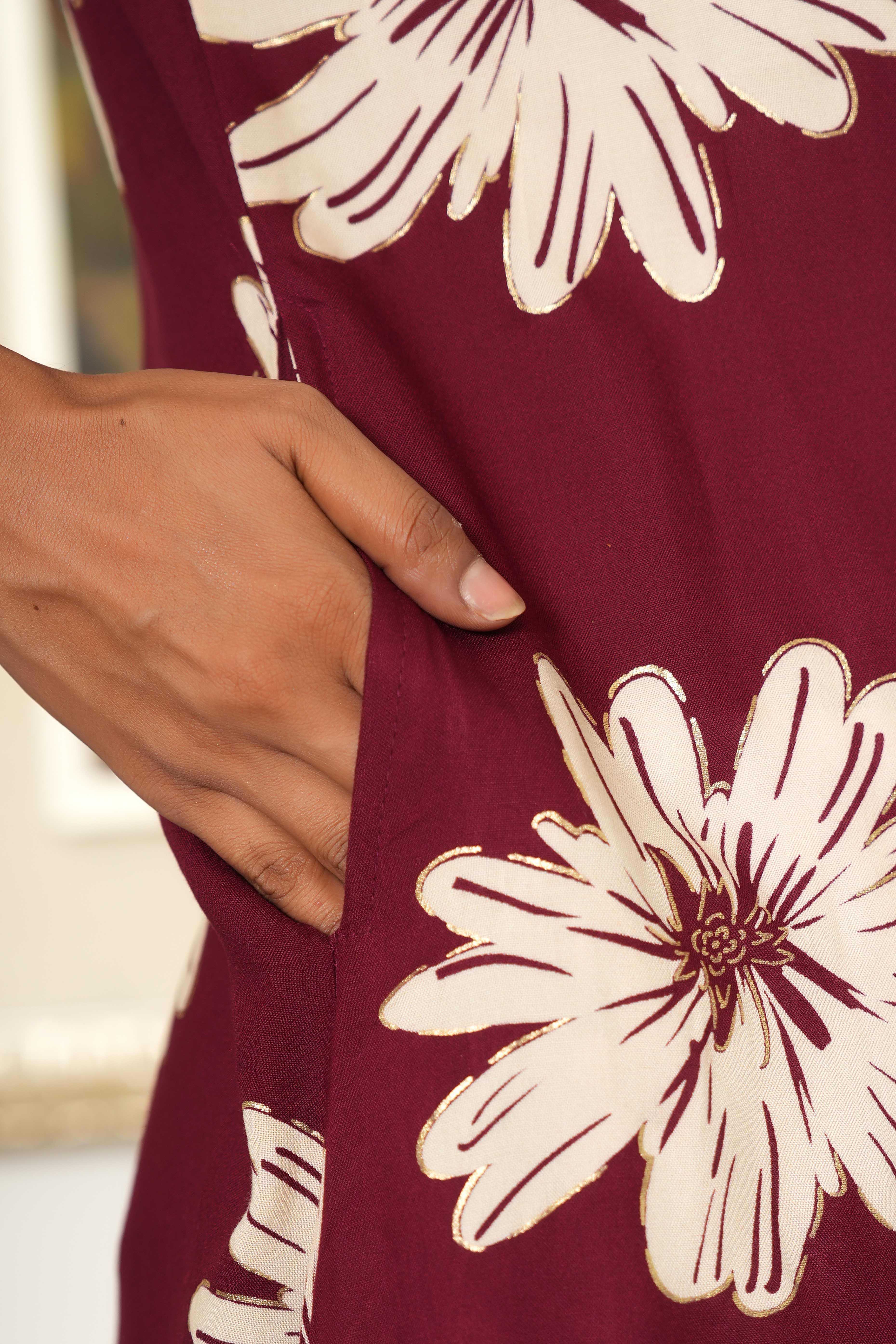 Maroon Printed Rayon Kurti in Flattering A-Line Fit