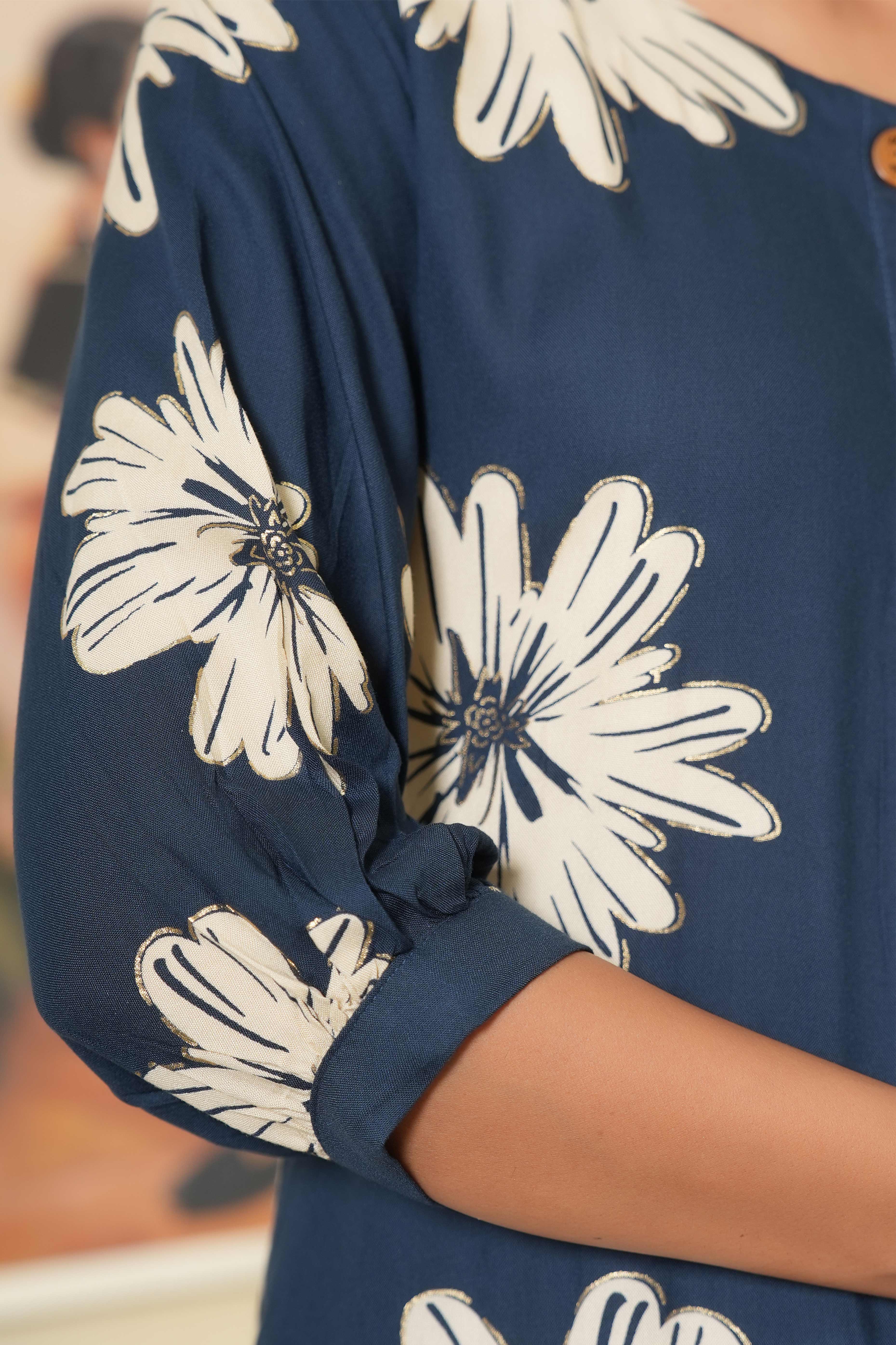 Navy Blue Printed Rayon Kurti in Flattering A-Line Fit