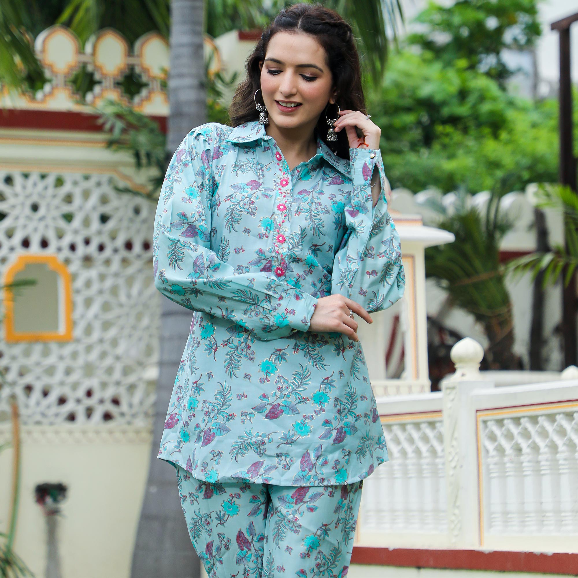 Blue Floral Printed Modal Co Ord Set