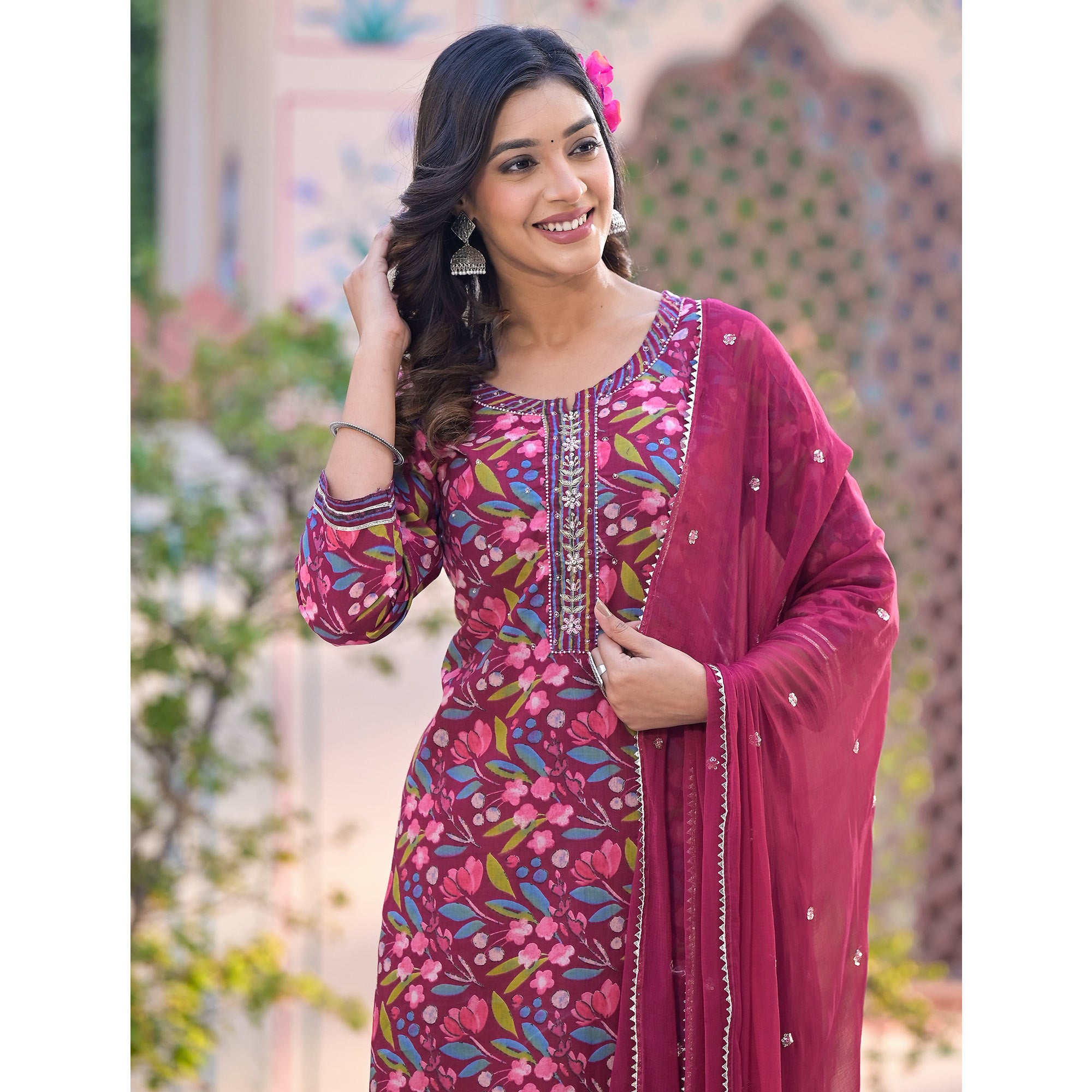 Wine Floral Printed Pure Cotton Sharara Suit