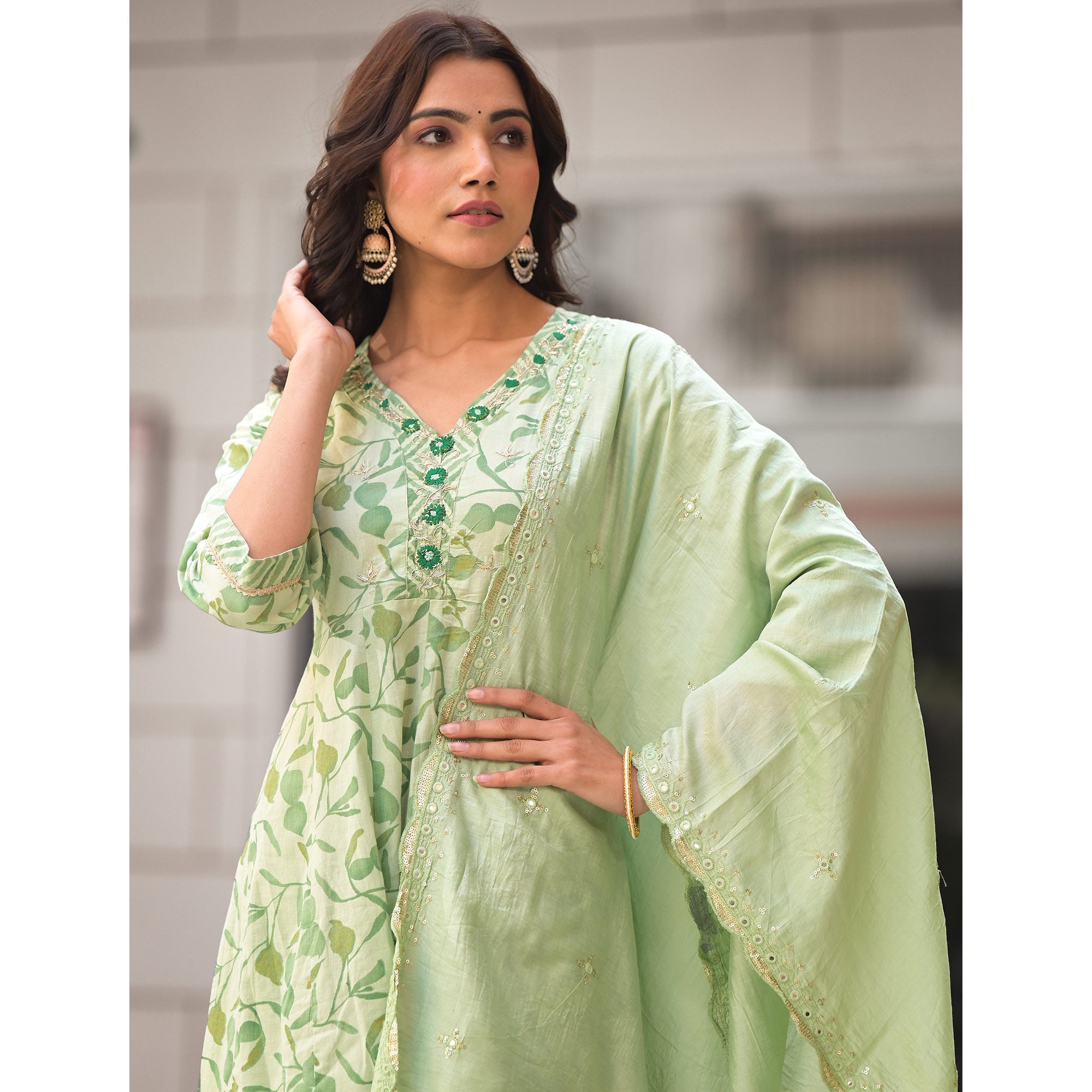 Pista Green Printed Pure Cotton A-Line Salwar Suit