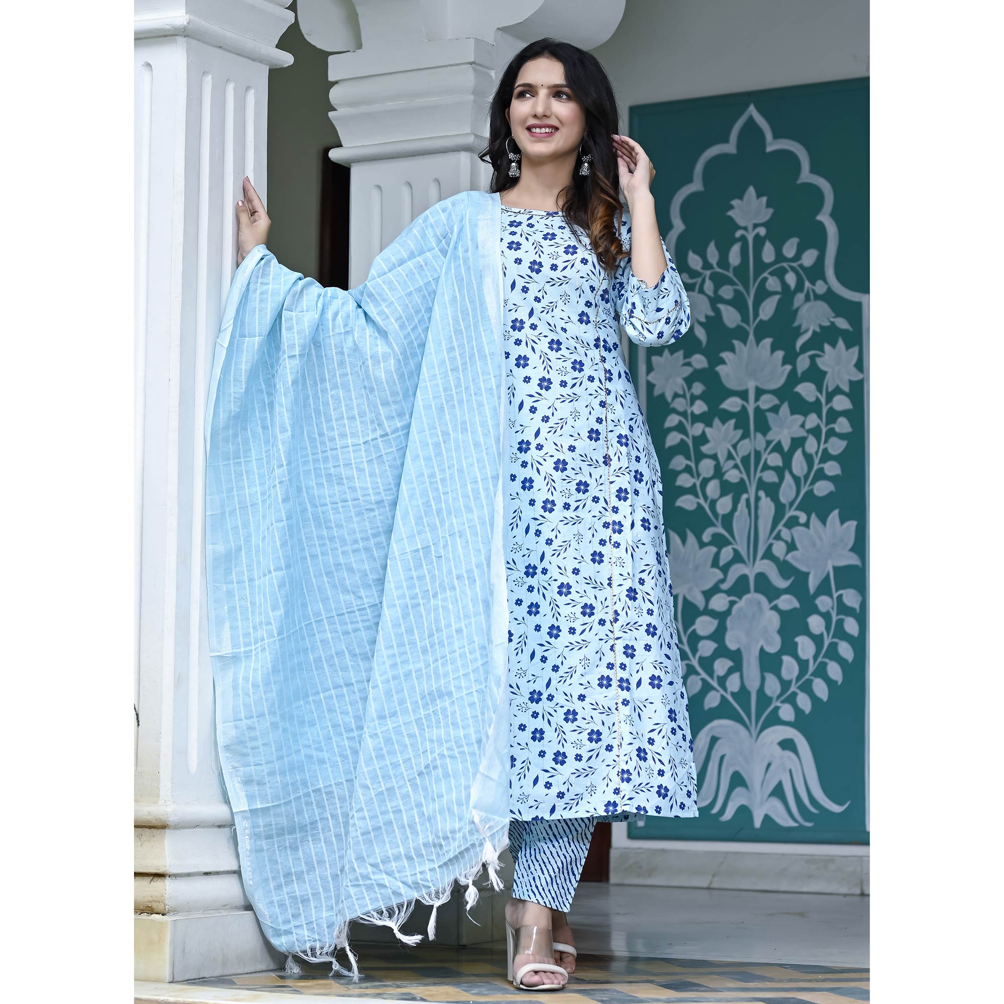 Light Blue Floral Printed Pure Cotton Suit