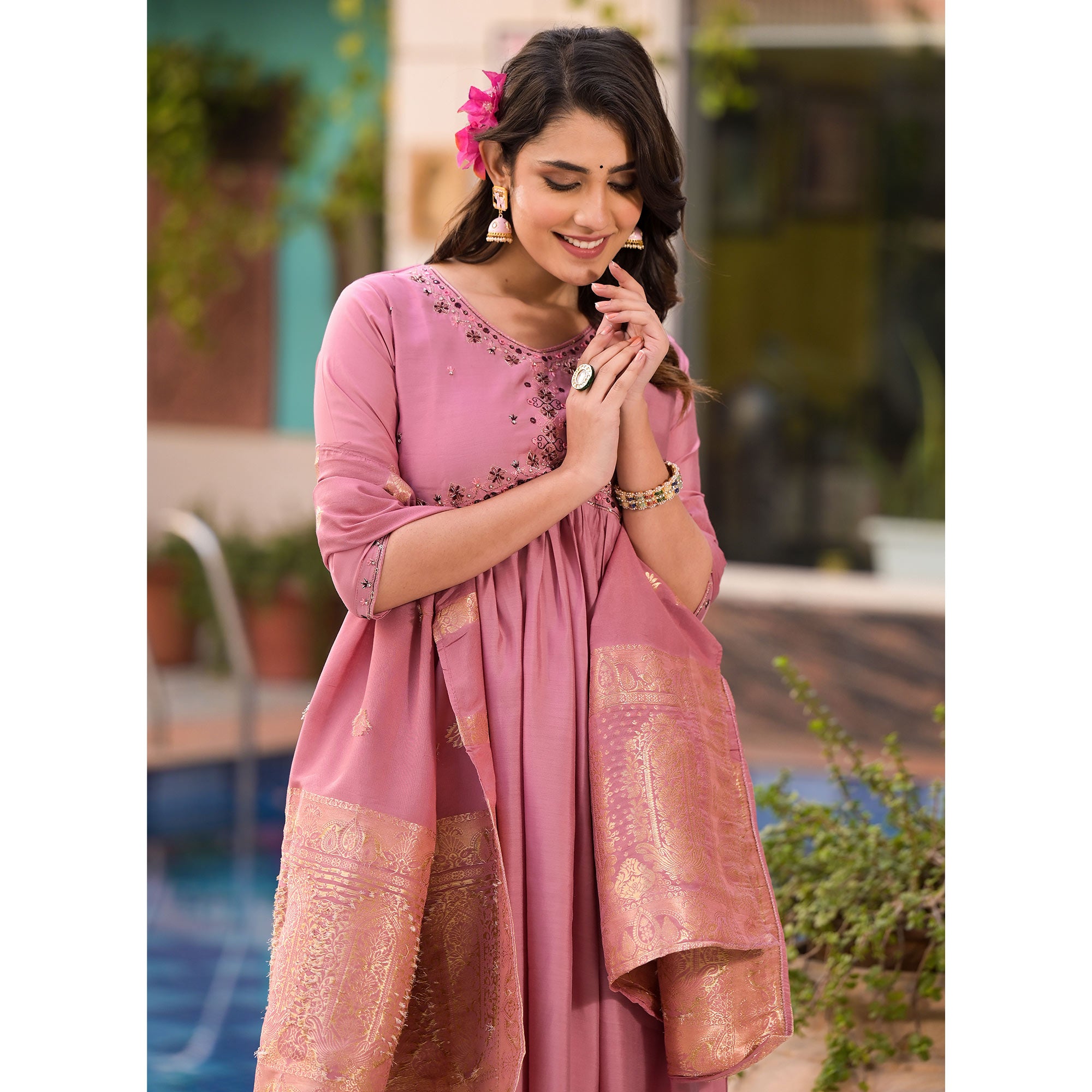 Pink Embroidered Viscose Salwar Suit