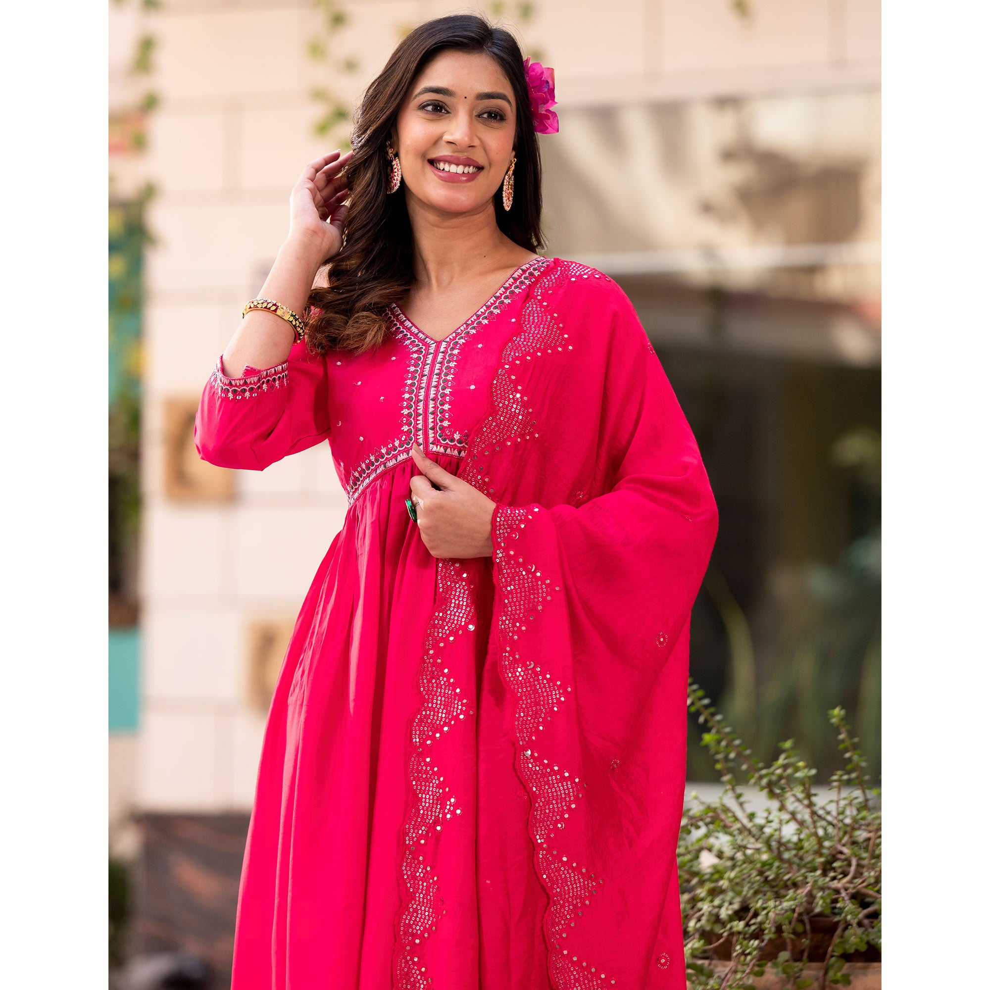 Pink Embroidered Pure Silk Alia Cut Salwar Suit