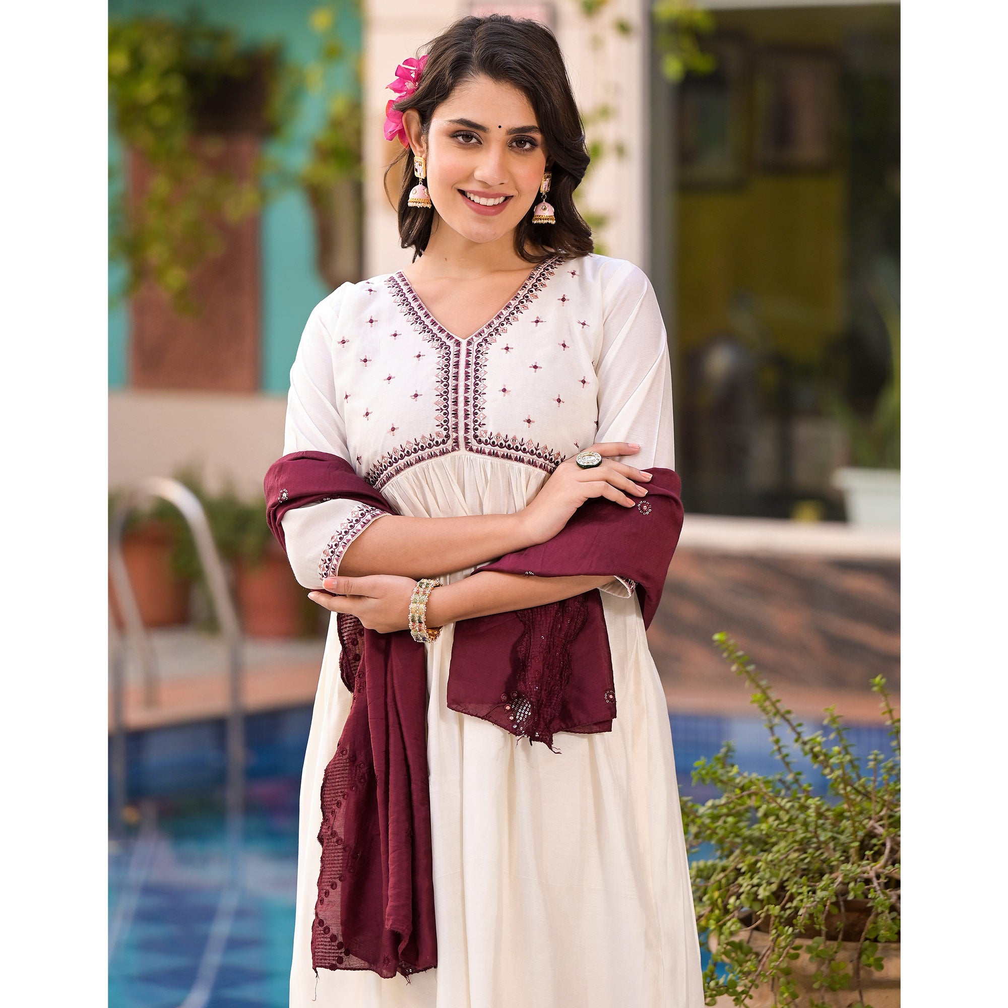 White Embroidered Pure Silk Alia Cut Salwar Suit