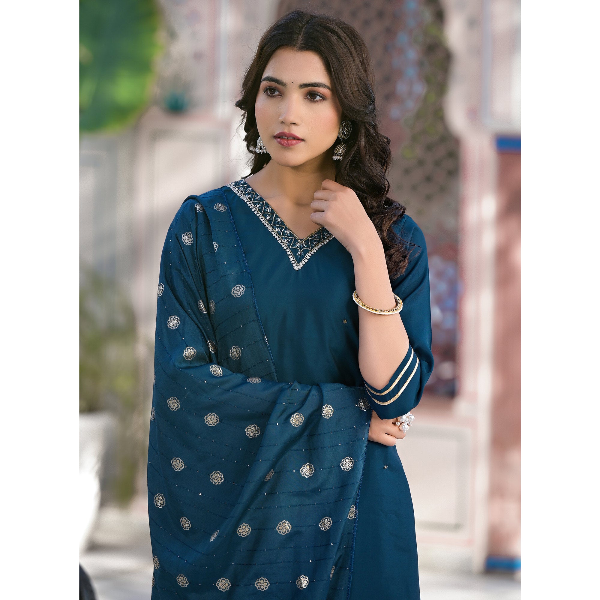 Blue Embroidered Pure Silk Straight Salwar Suit