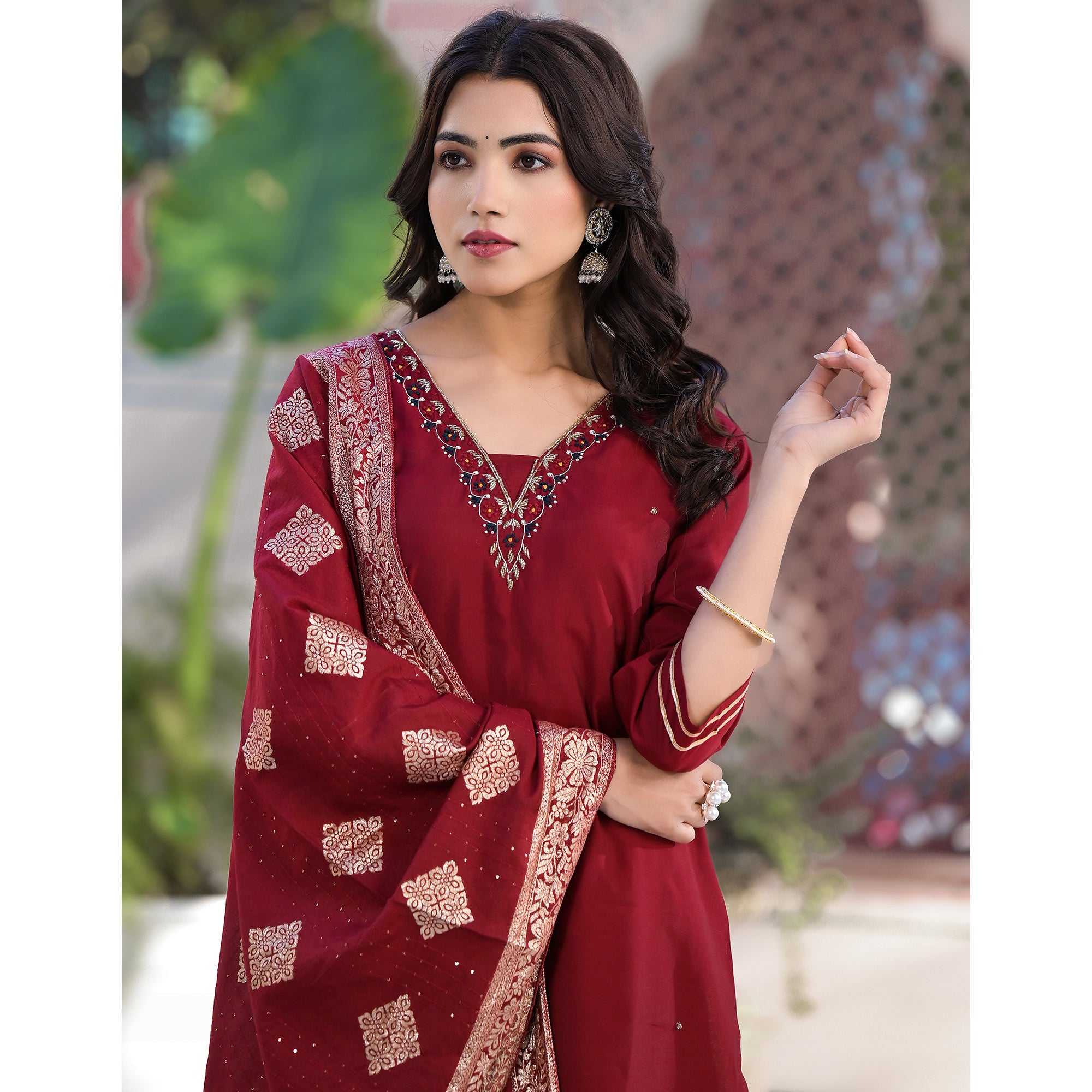 Maroon Embroidered Pure Silk Straight Salwar Suit