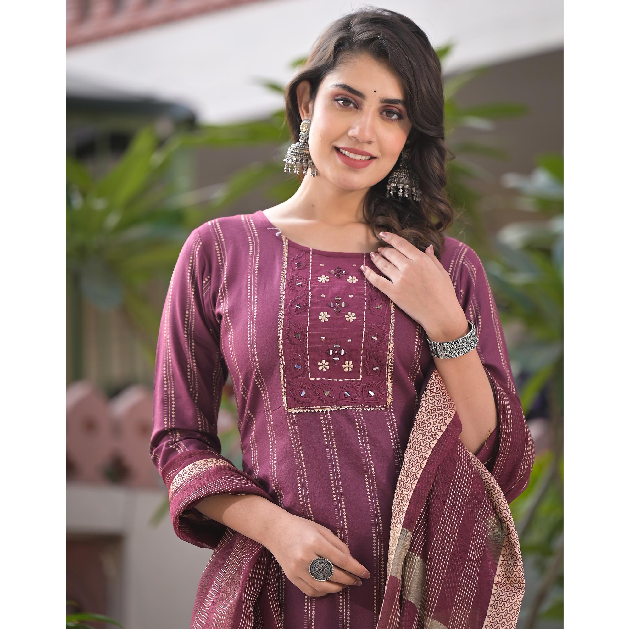 Wine Woven Pure Cotton Straight Salwar Suit