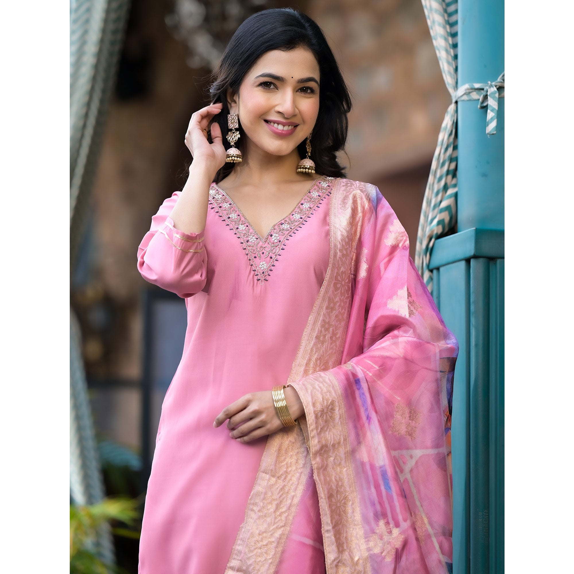 Pink Embroidered Pure Silk Salwar Suit With Handcrafted