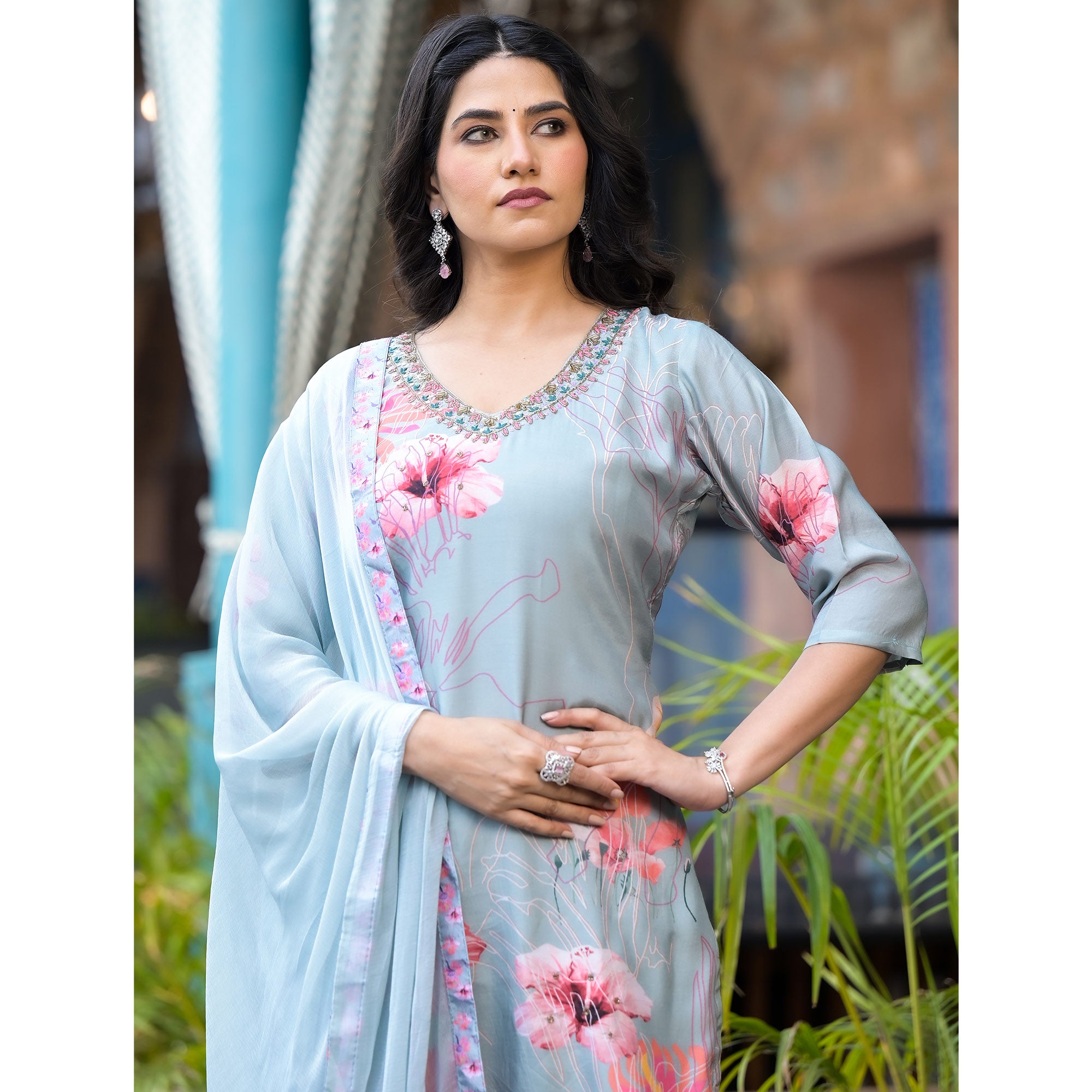 Country Blue Floral Printed Viscose Salwar Suit With Beads Work