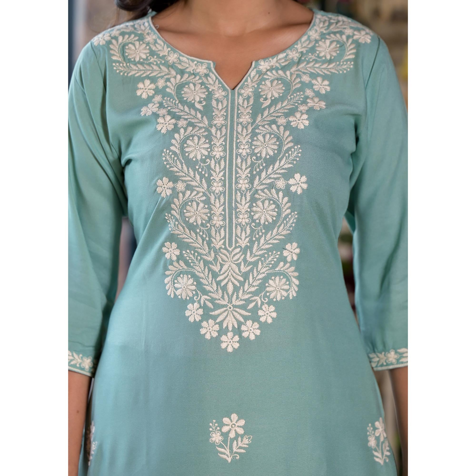 Sky Blue Lucknowi Embroidered Rayon Salwar Suit