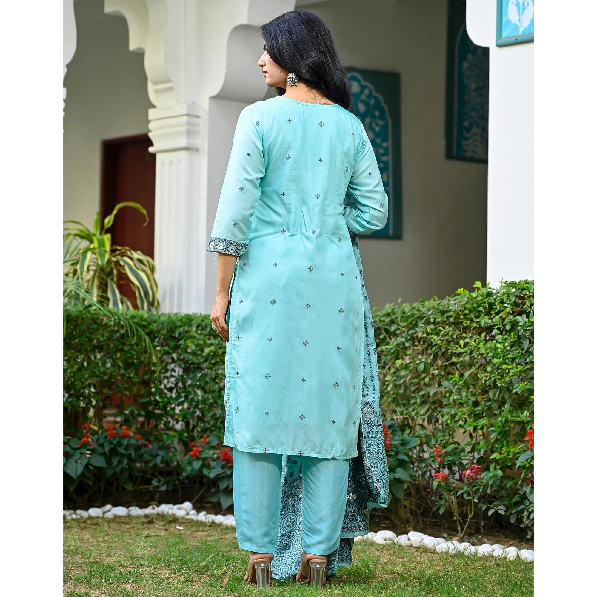 Turquoise Floral Woven Viscose Salwar Suit