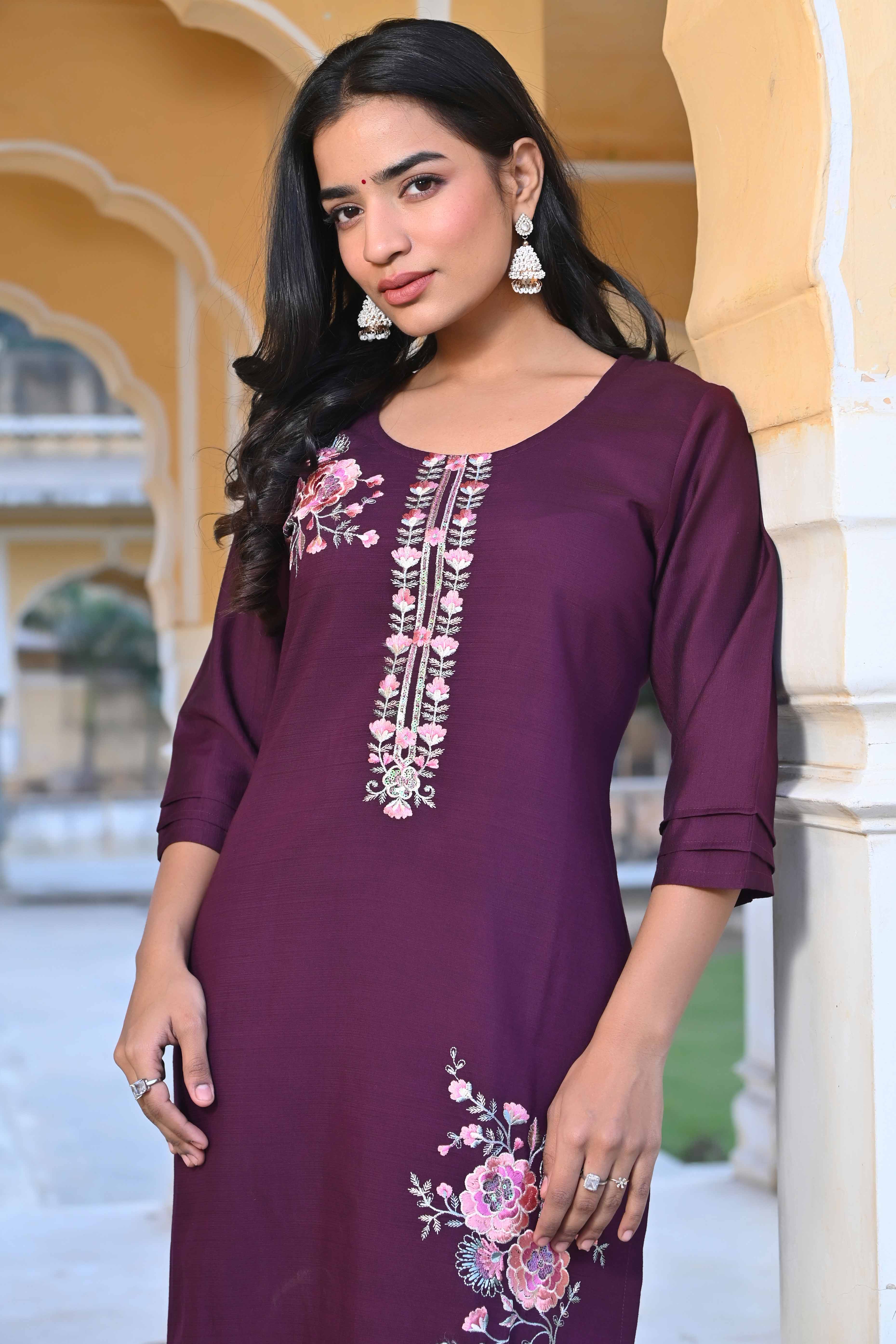 Purple Floral Embroidered Viscose Straight Kurti