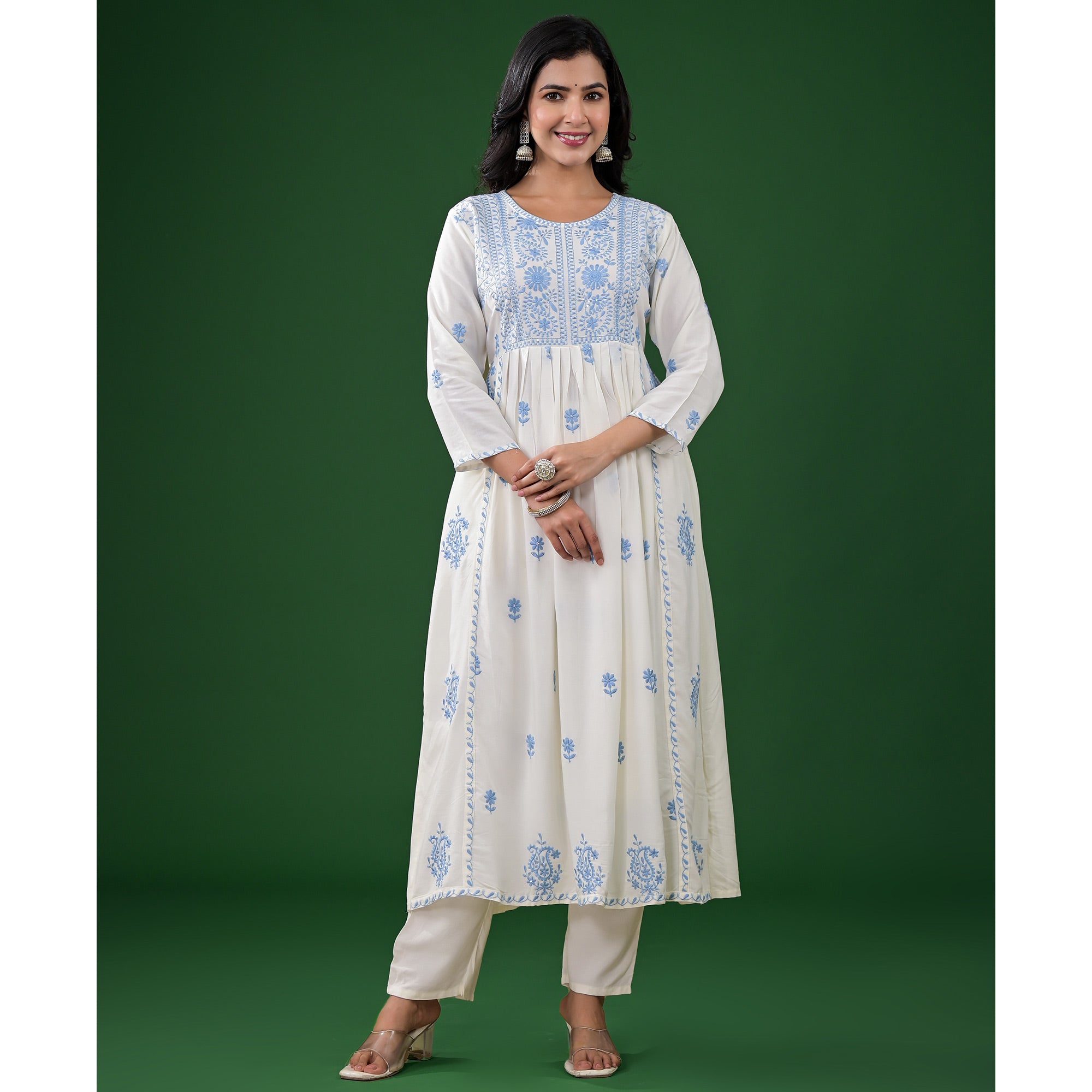 White Floral Embroidered Rayon A-Line Salwar Suit