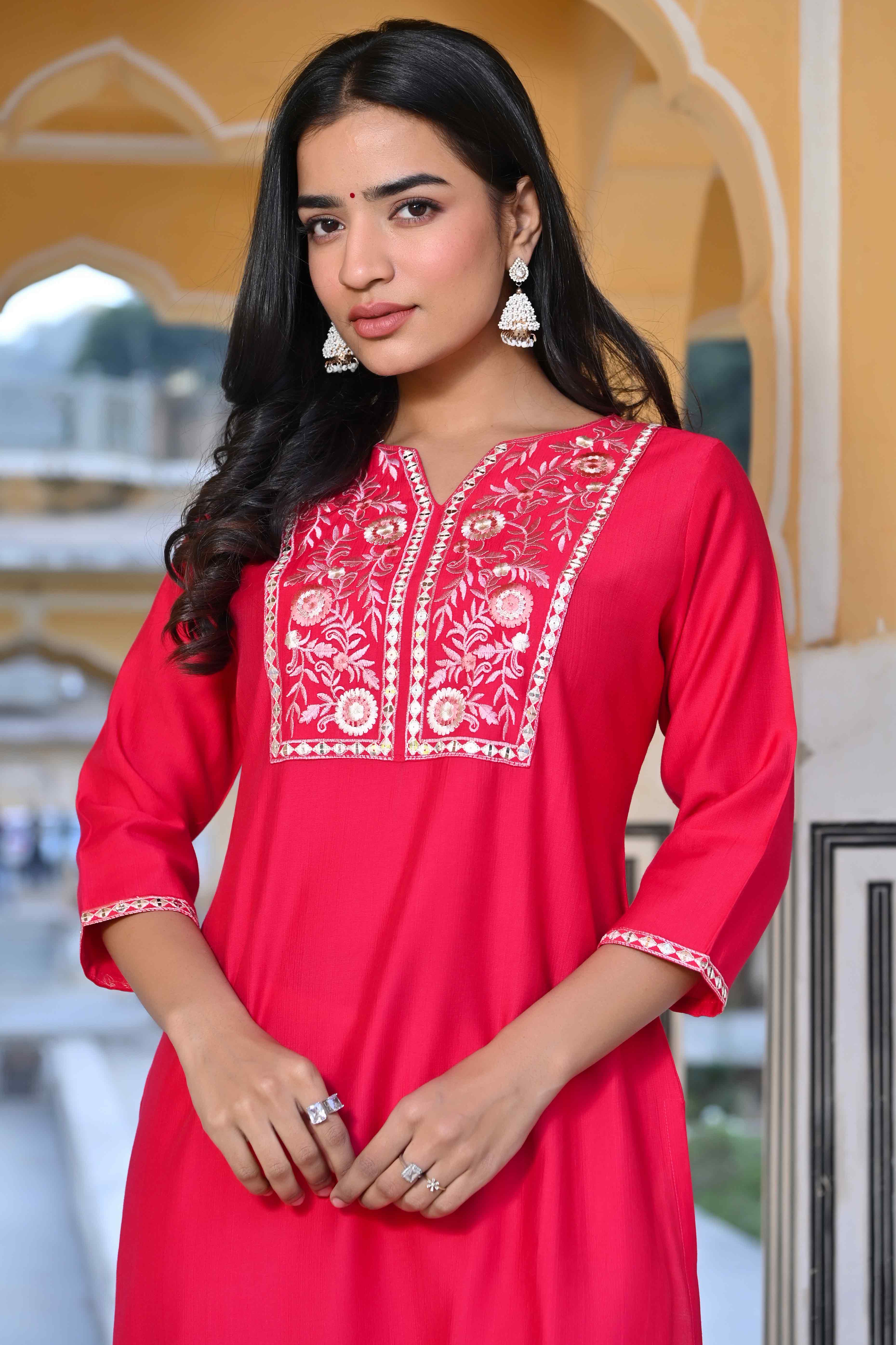 Pink Yoke Embroidered Pure Cotton Straight Kurti