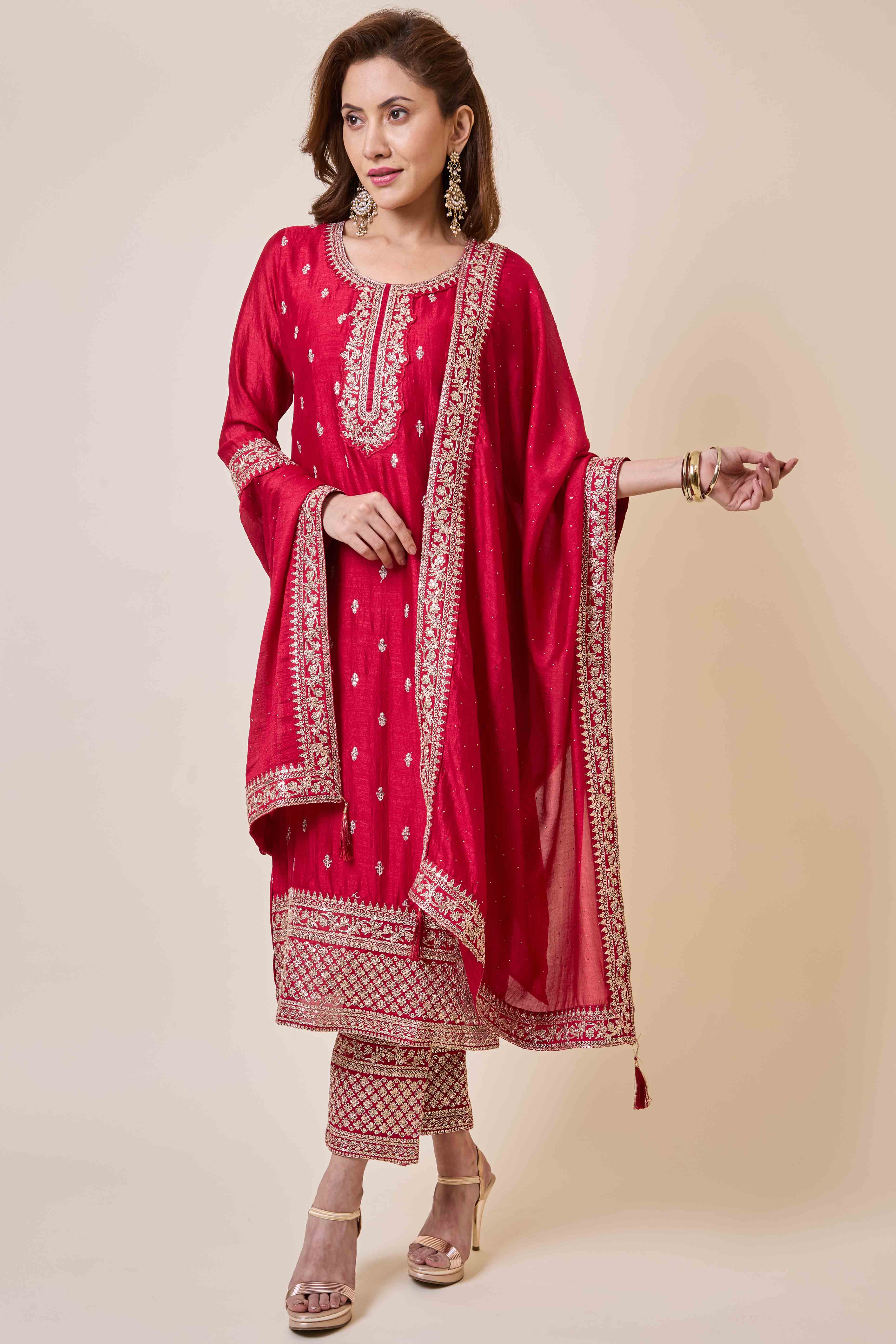 Dark Pink Embroidered Vichitra Silk Salwar Suit