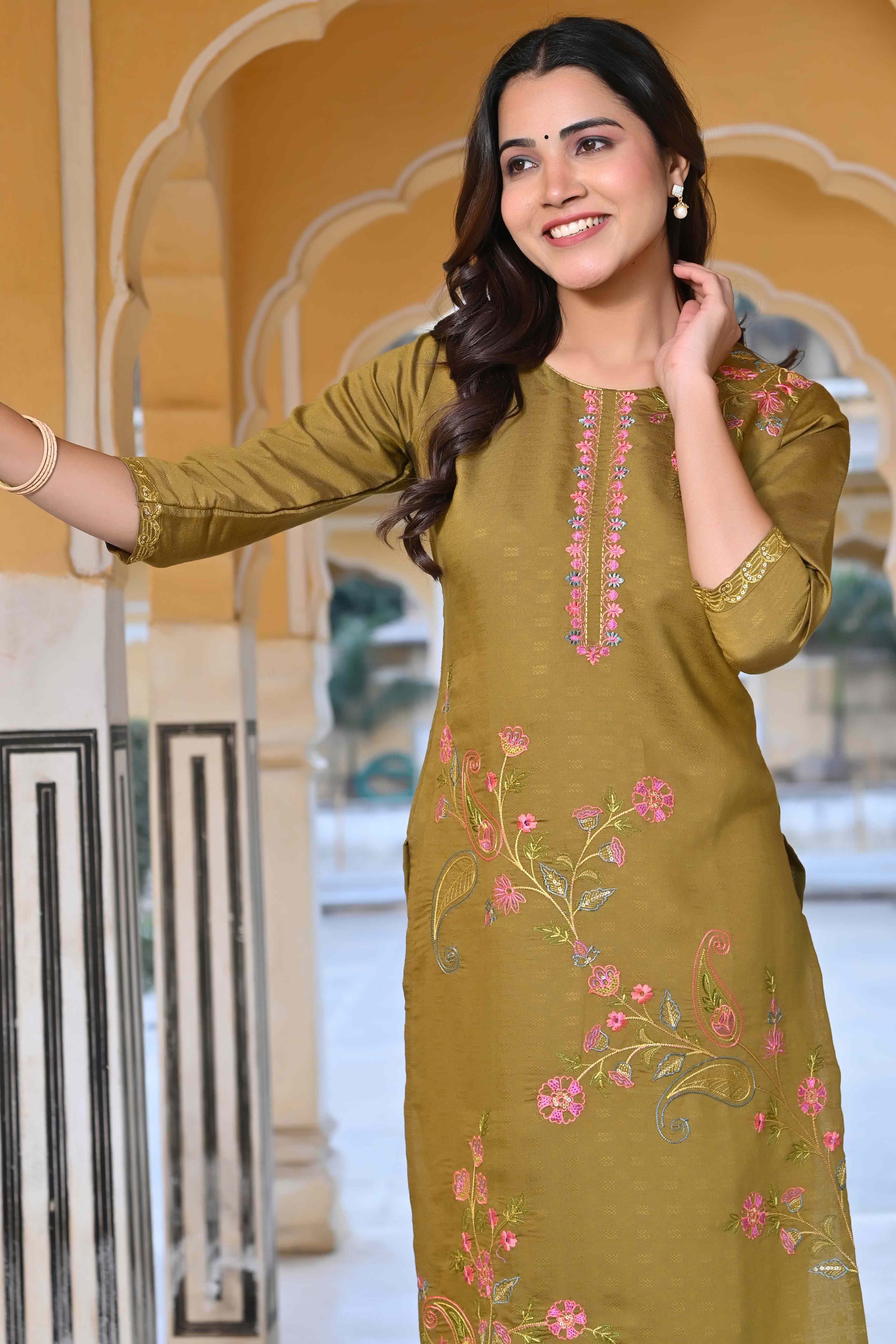 Olive Floral Embroidered Rayon Straight Kurti