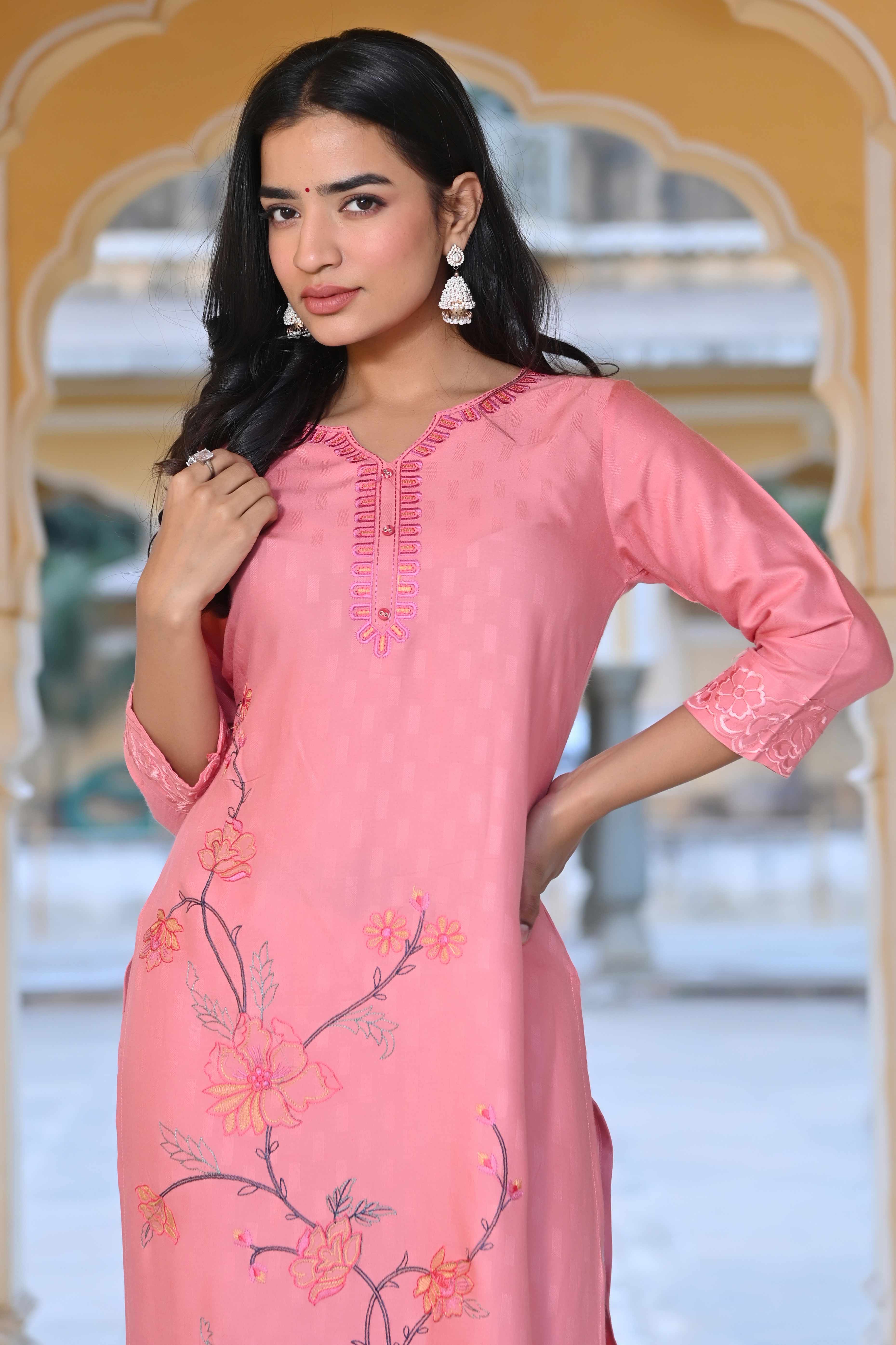 Peach Floral Embroidered Rayon Straight Kurti