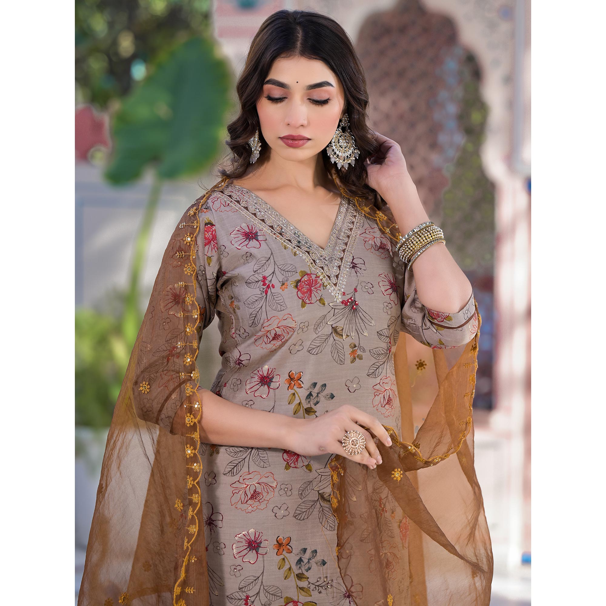 Chikoo Floral Foil Printed Chanderi Silk Straight Salwar Suit