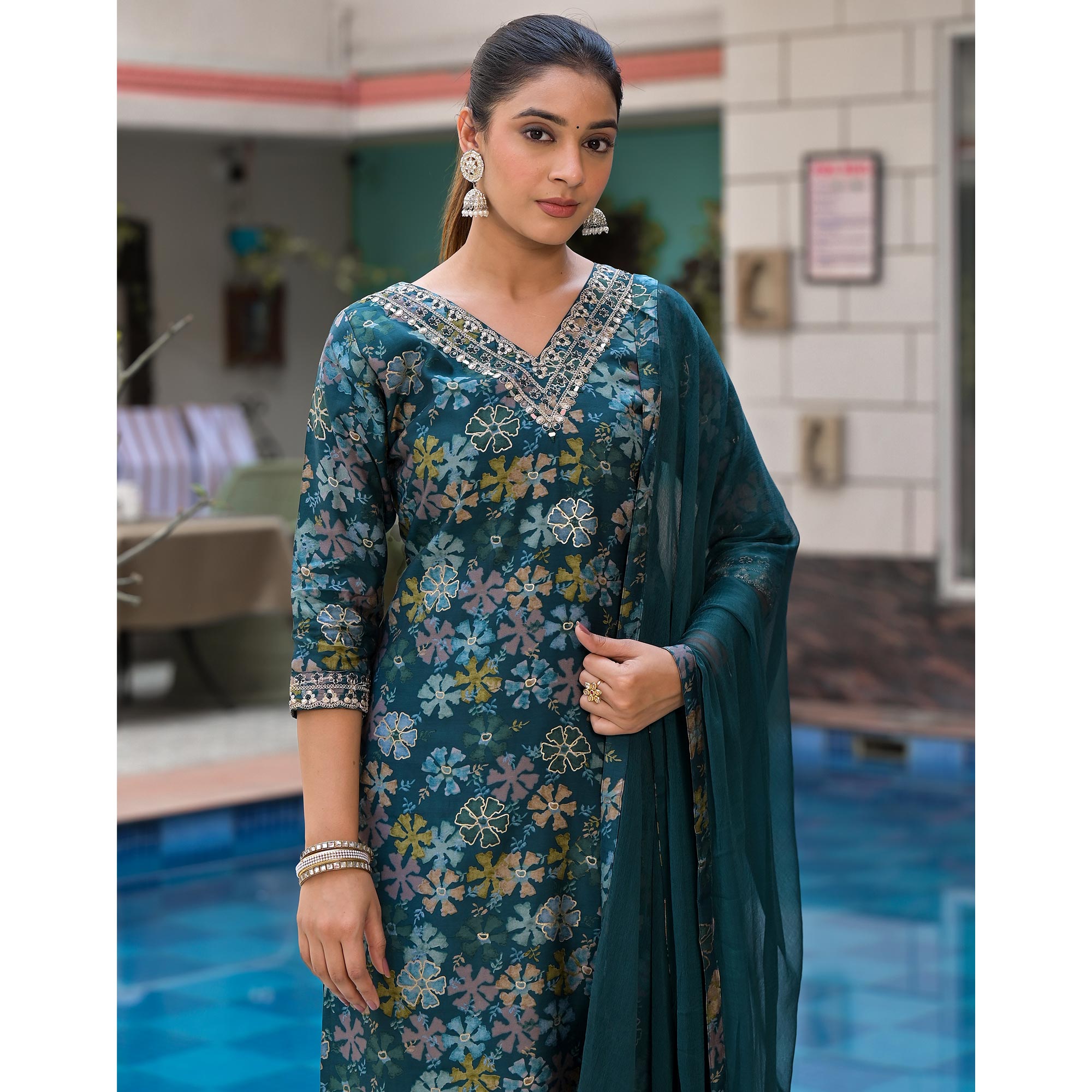 Teal Floral Foil Printed Chanderi Silk Salwar Suit