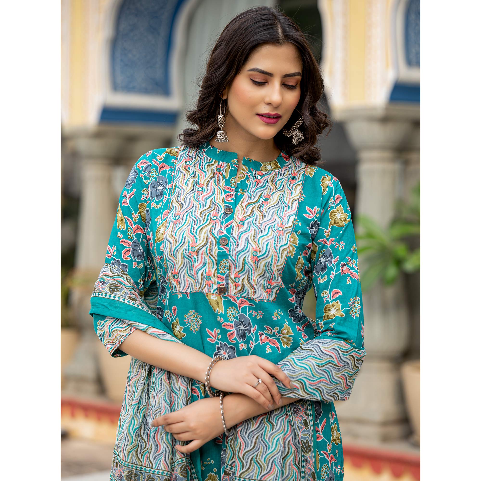 Turquoise Floral Printed Pure Cotton Straight Salwar Suit