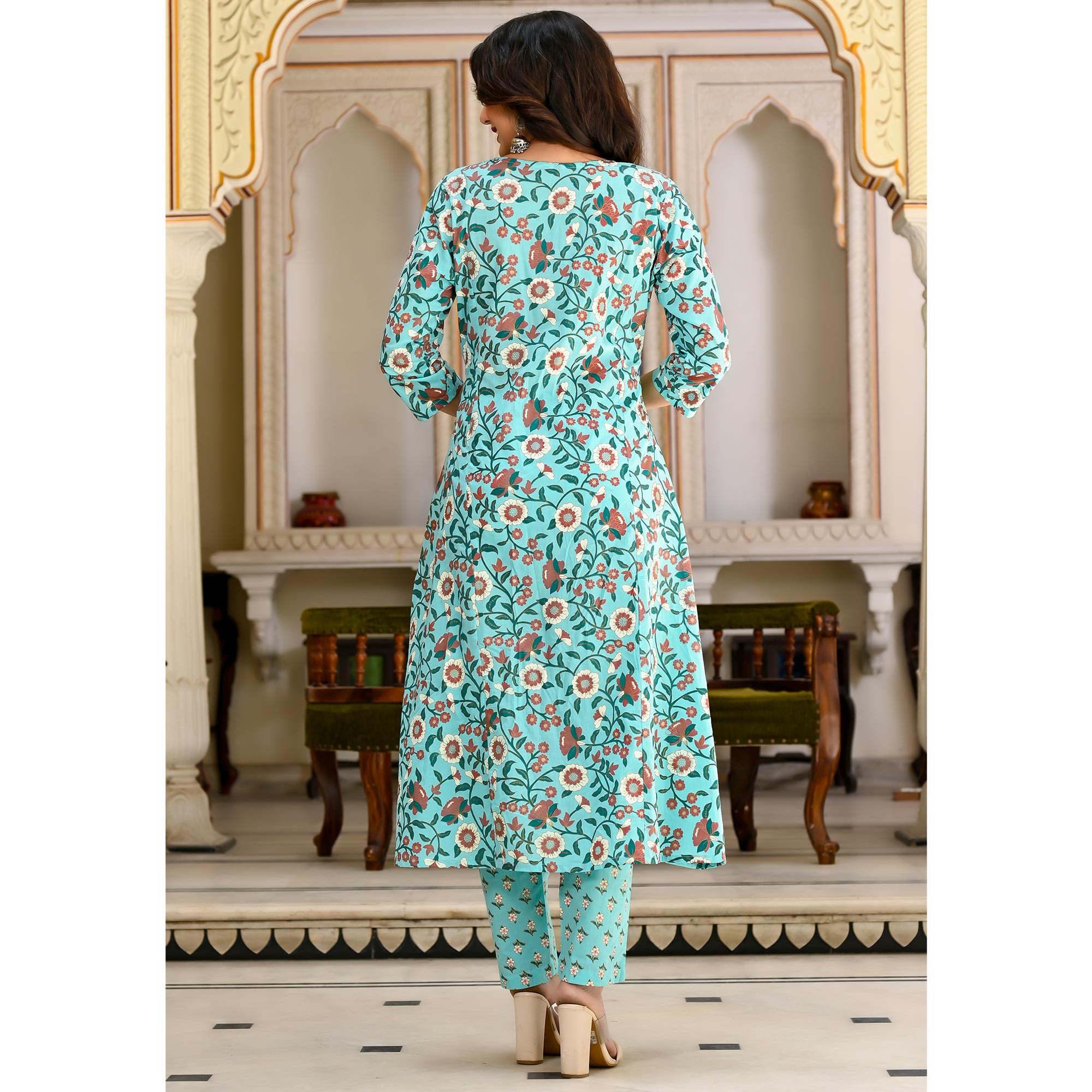 Aqua Blue Floral Printed Pure Cotton A Line Suit