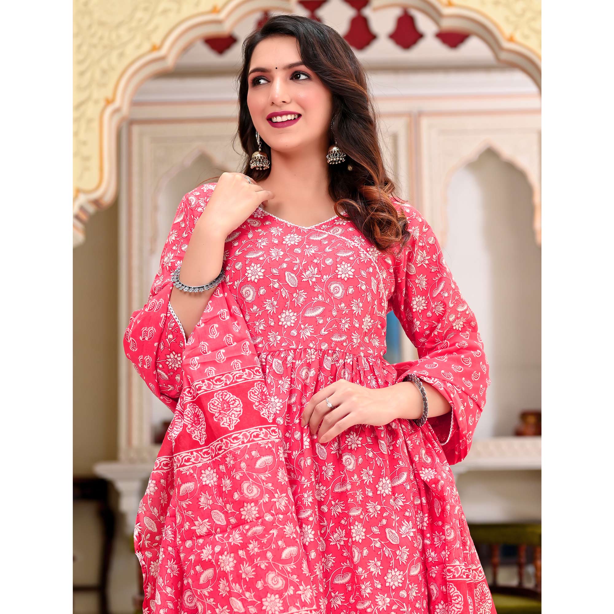 Pink Floral Printed Pure Cotton Anarkali Suit