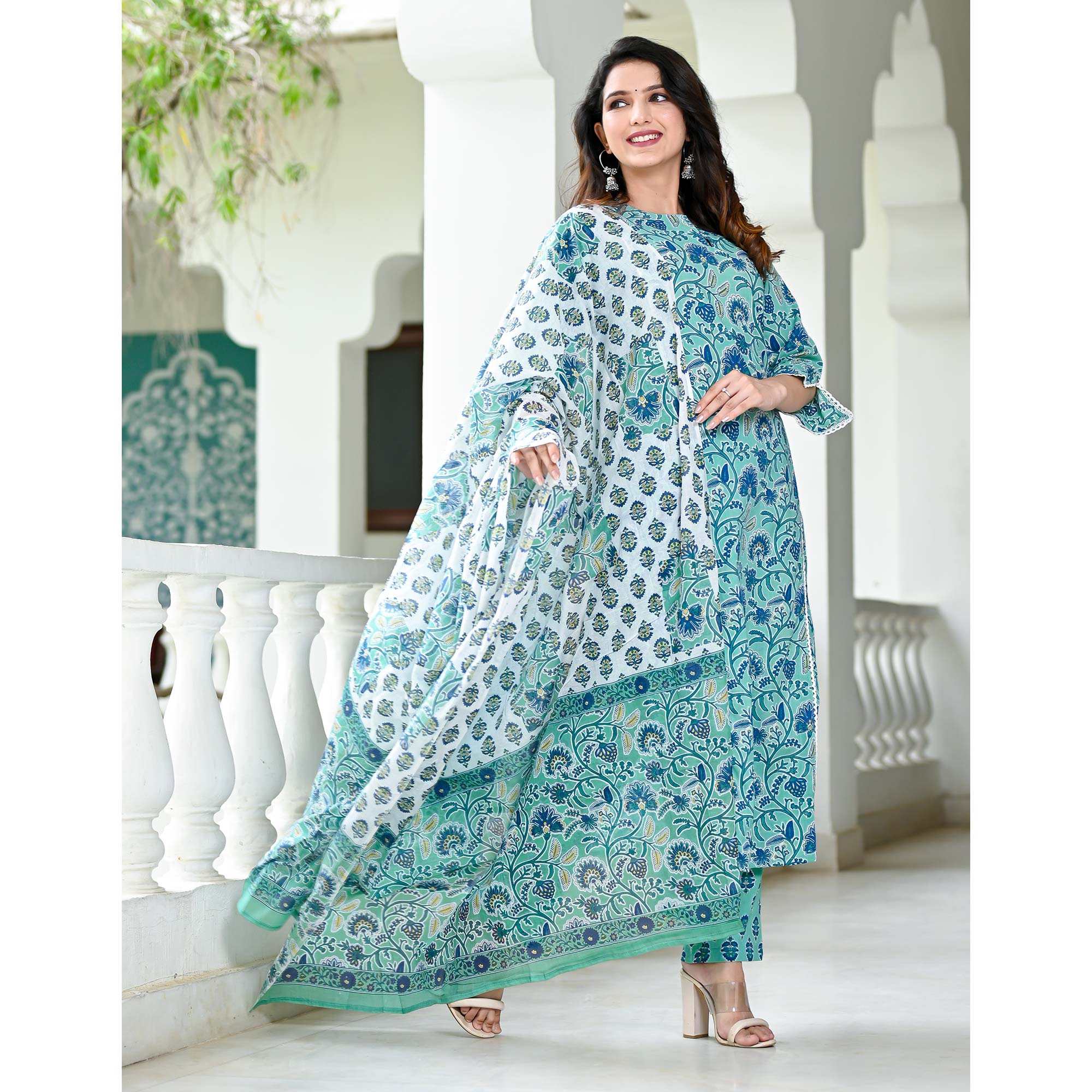 Exclusive green floral Jaipuri printed cotton dress – Sujatra