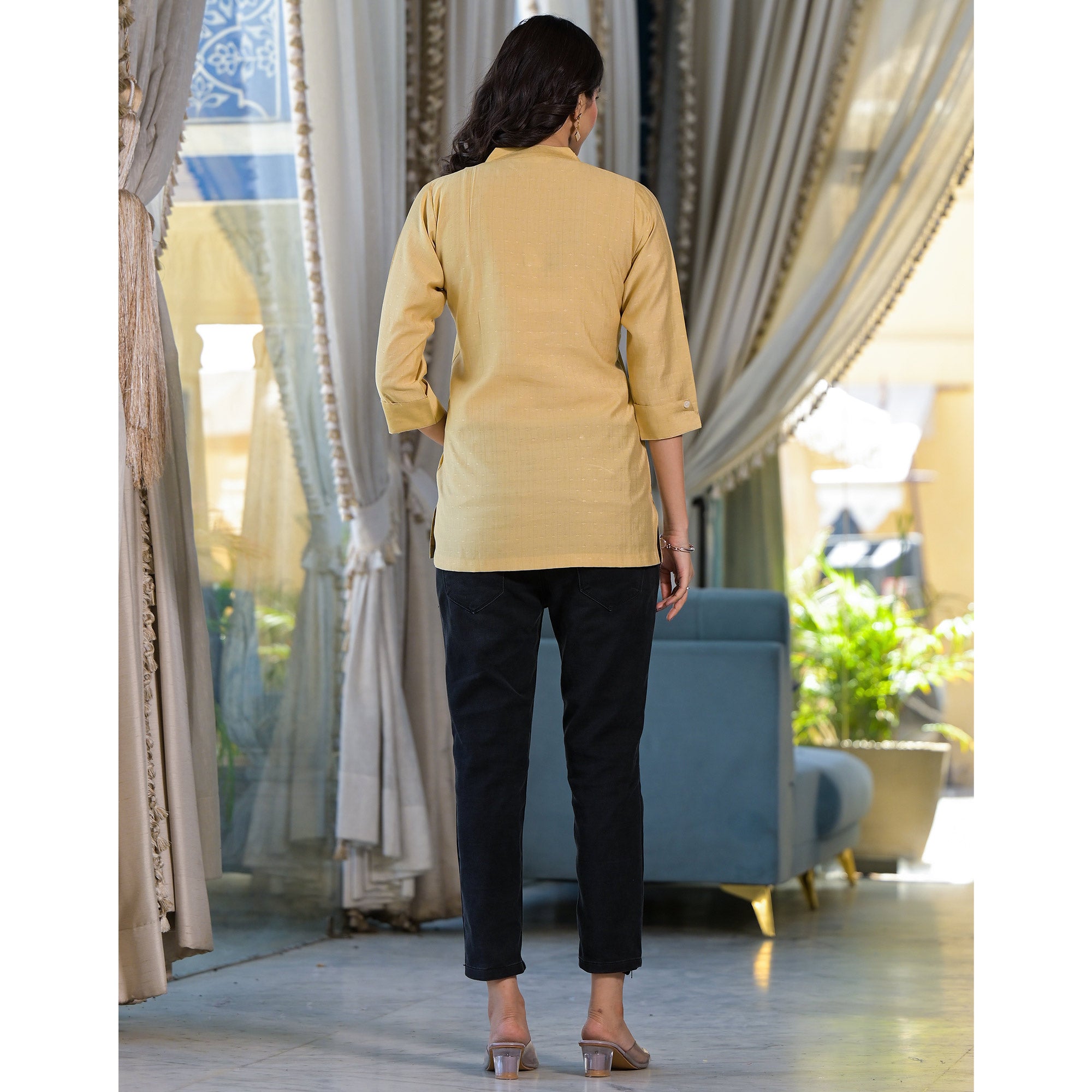 Beige Solid Cotton Silk Straight Top