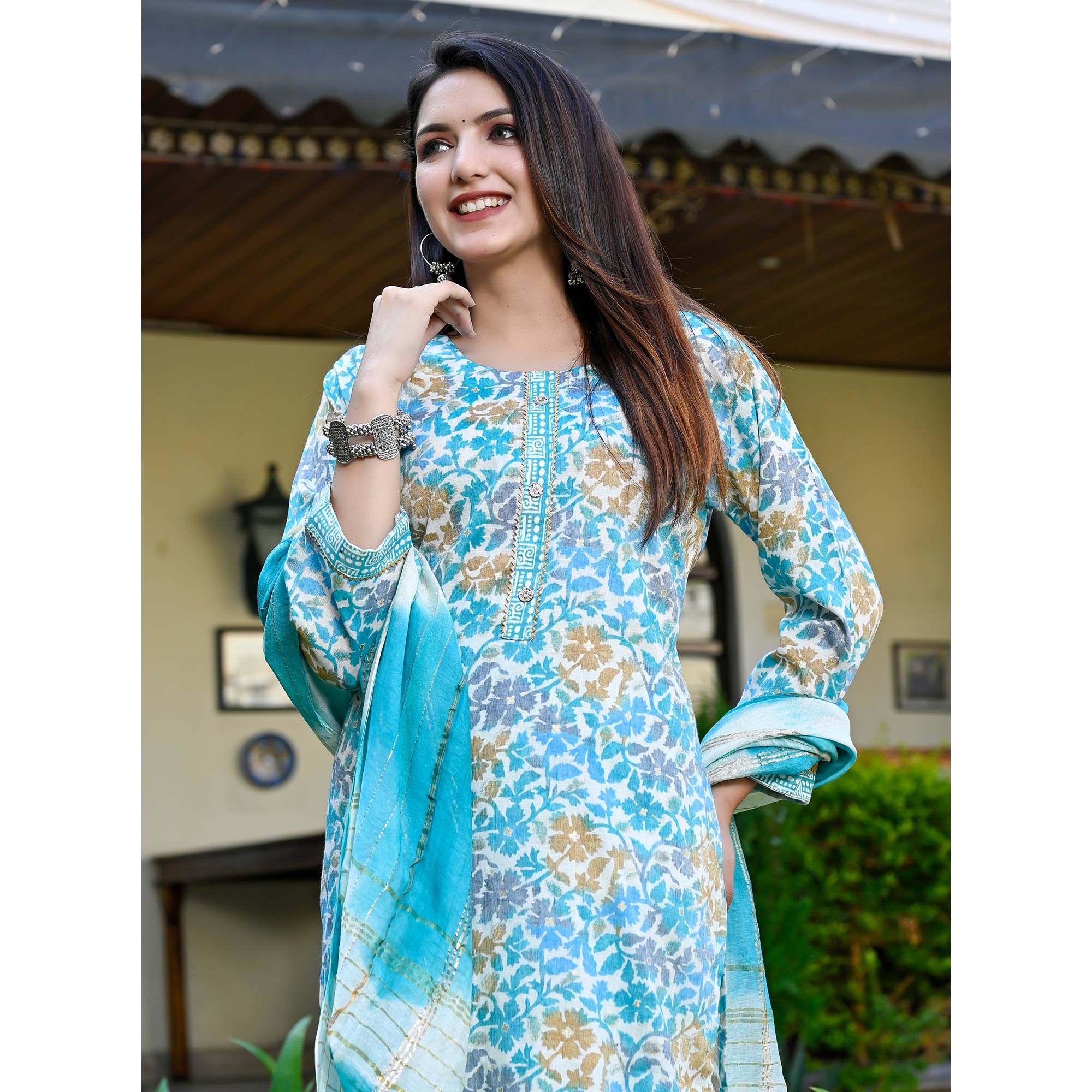 Blue Floral Printed Rayon Salwar Suit