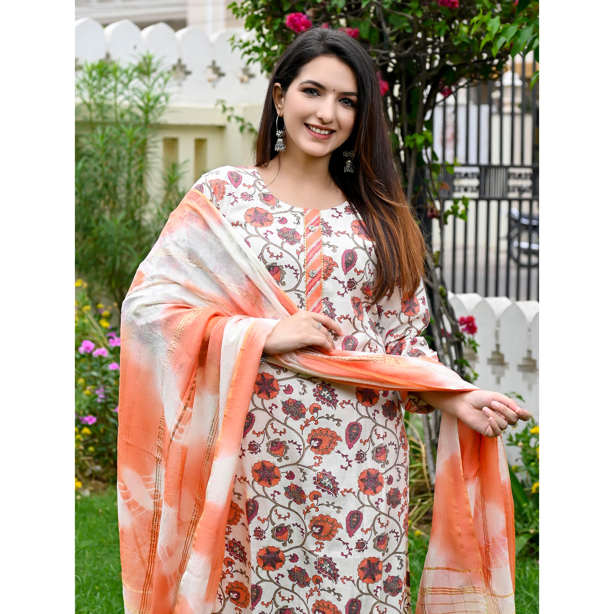 White Peach Floral Printed Rayon Salwar Suit