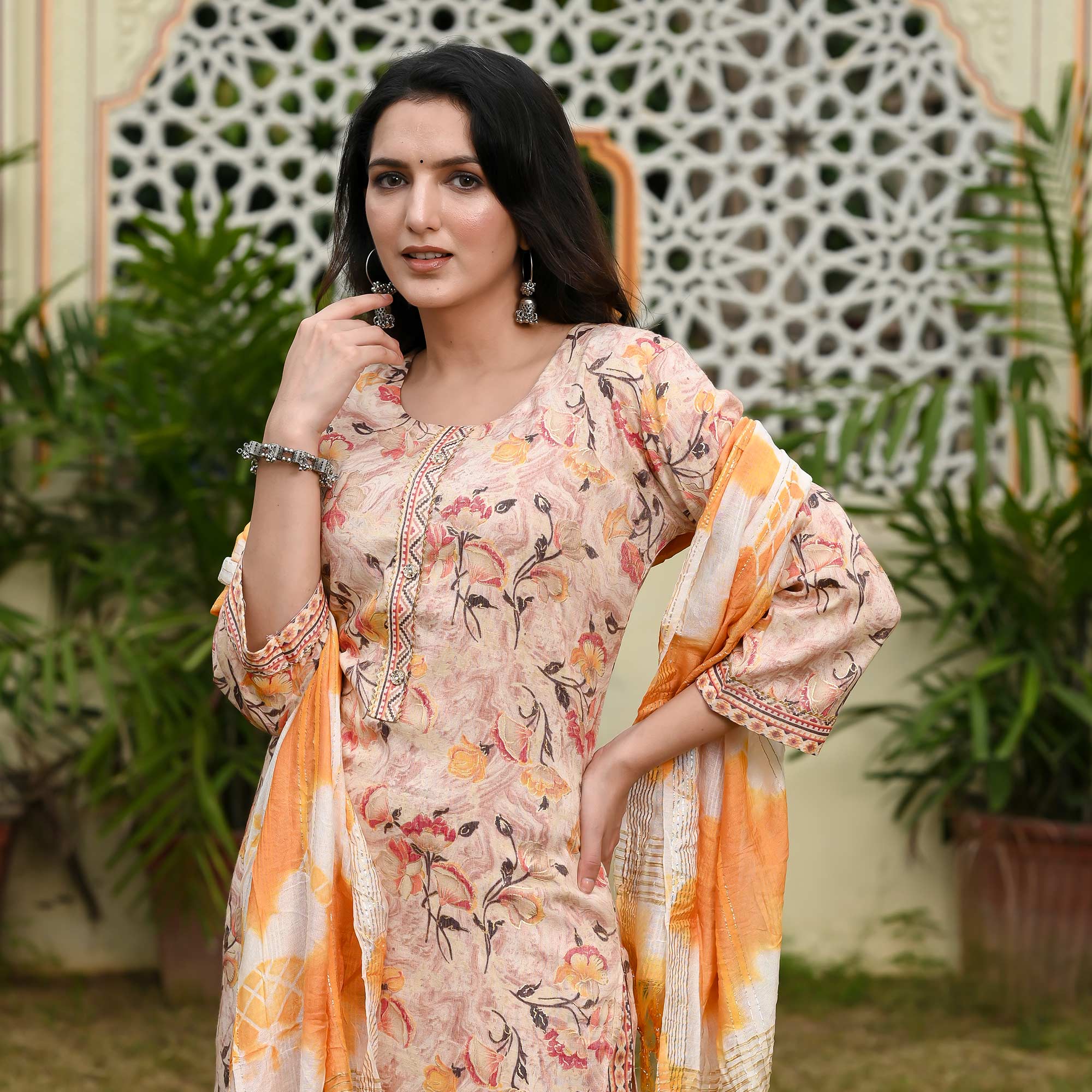 Peach Printed Rayon Suit