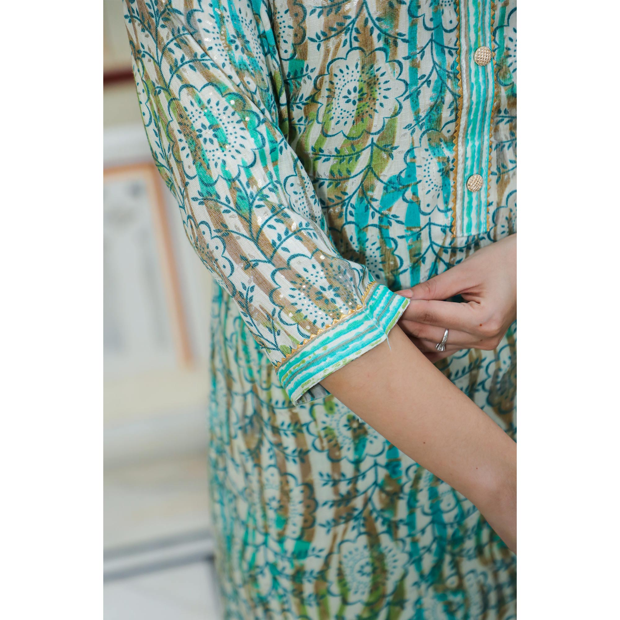 Turquoise Foil Printed Rayon Suit