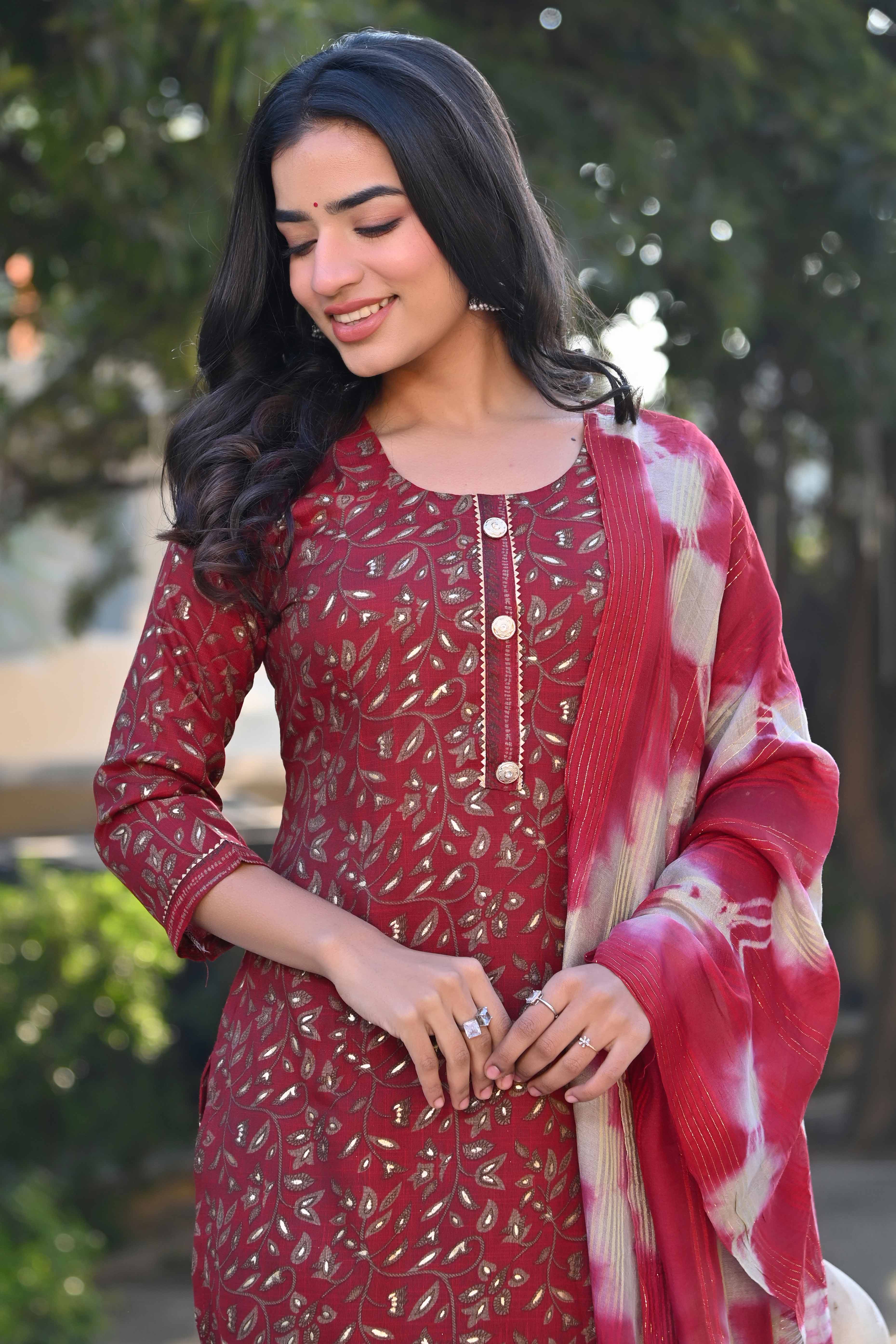 Red Floral Foil Printed Rayon Salwar Suit