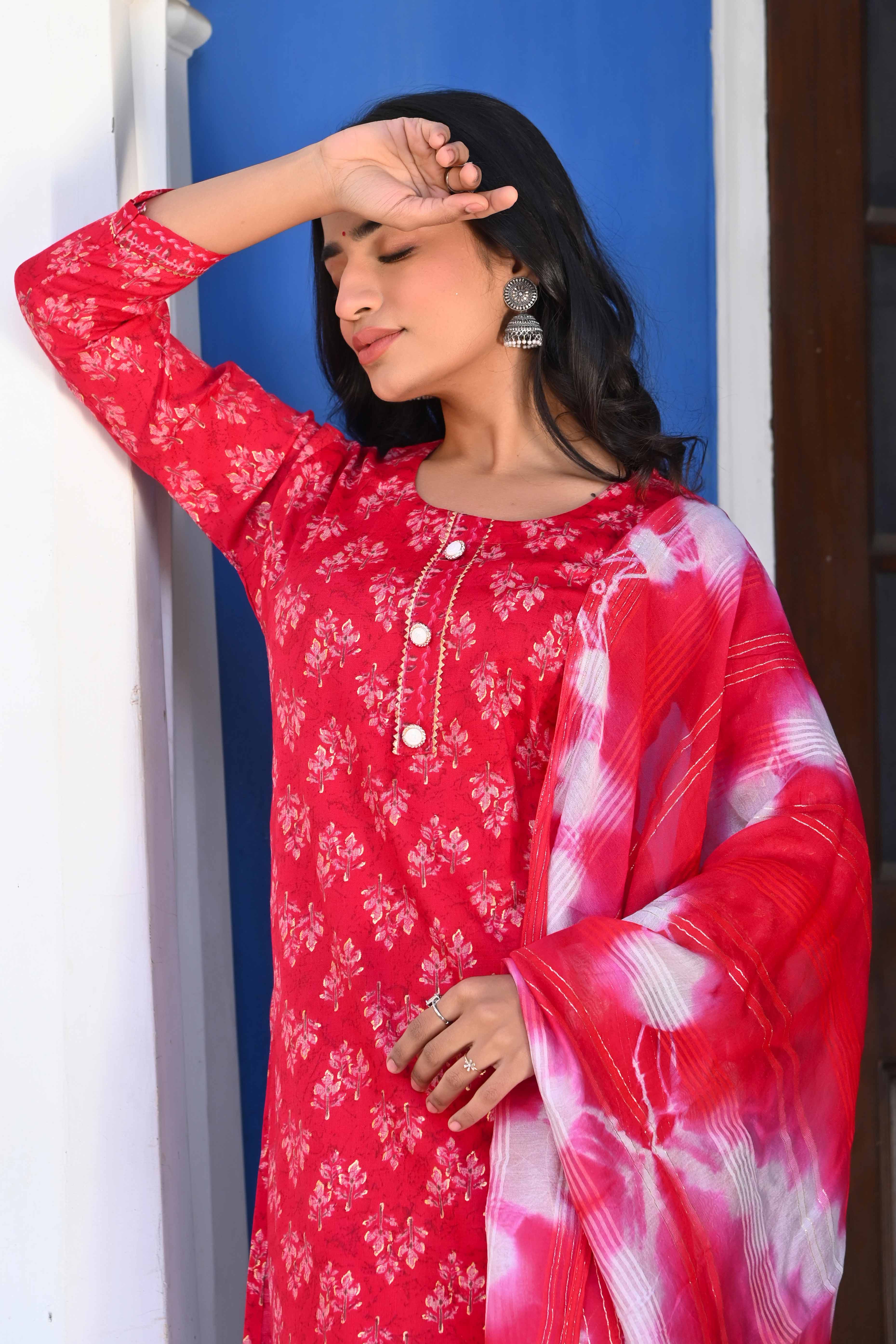 Pink Floral Foil Printed Rayon Salwar Suit