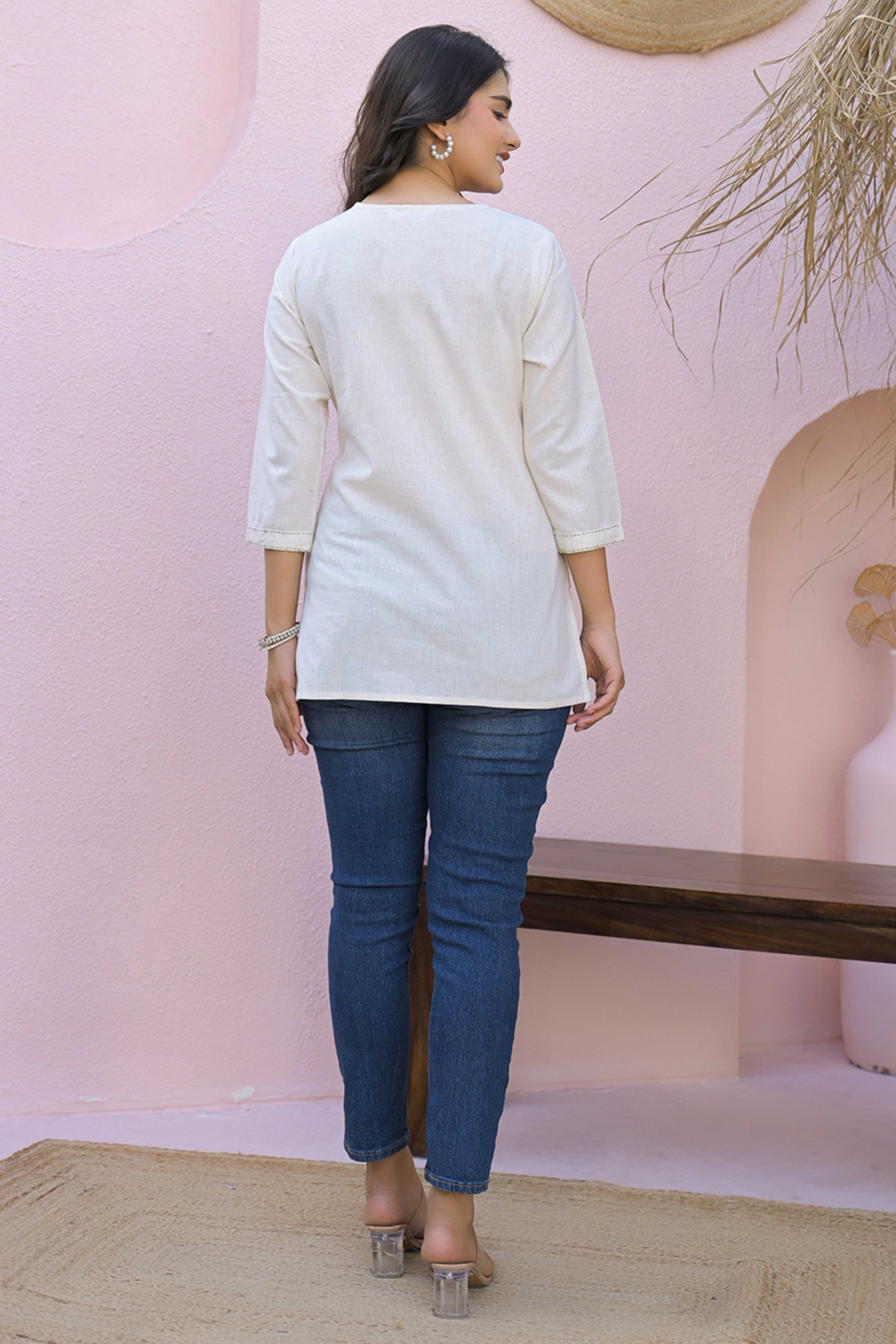 Cream Floral Embroidered Pure Cotton Flex Straight Top