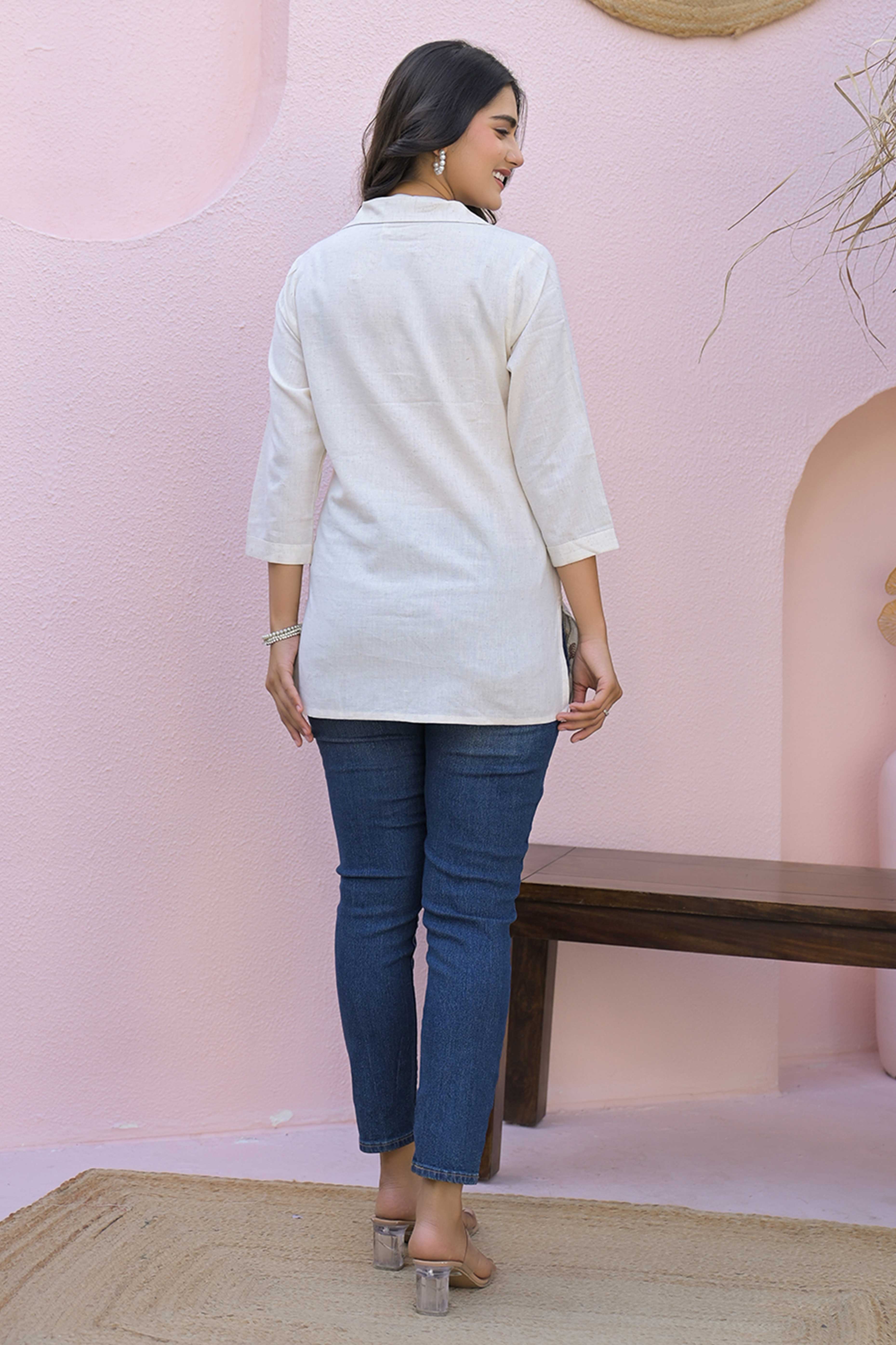 Cream Cotton Flex Straight Top with Elegant Floral Embroidery