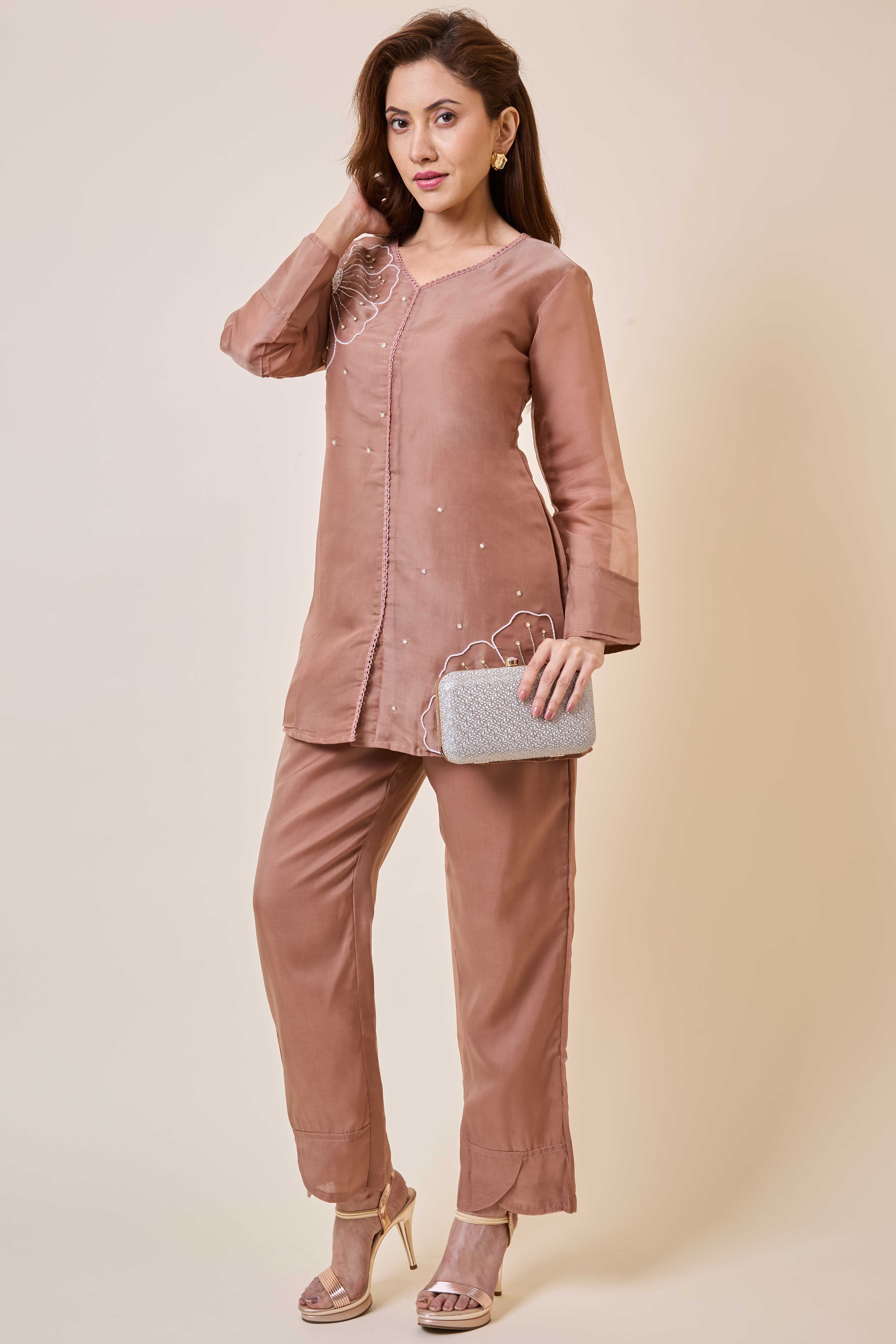 Brown Floral Embroidery Organza Co-Ord Set