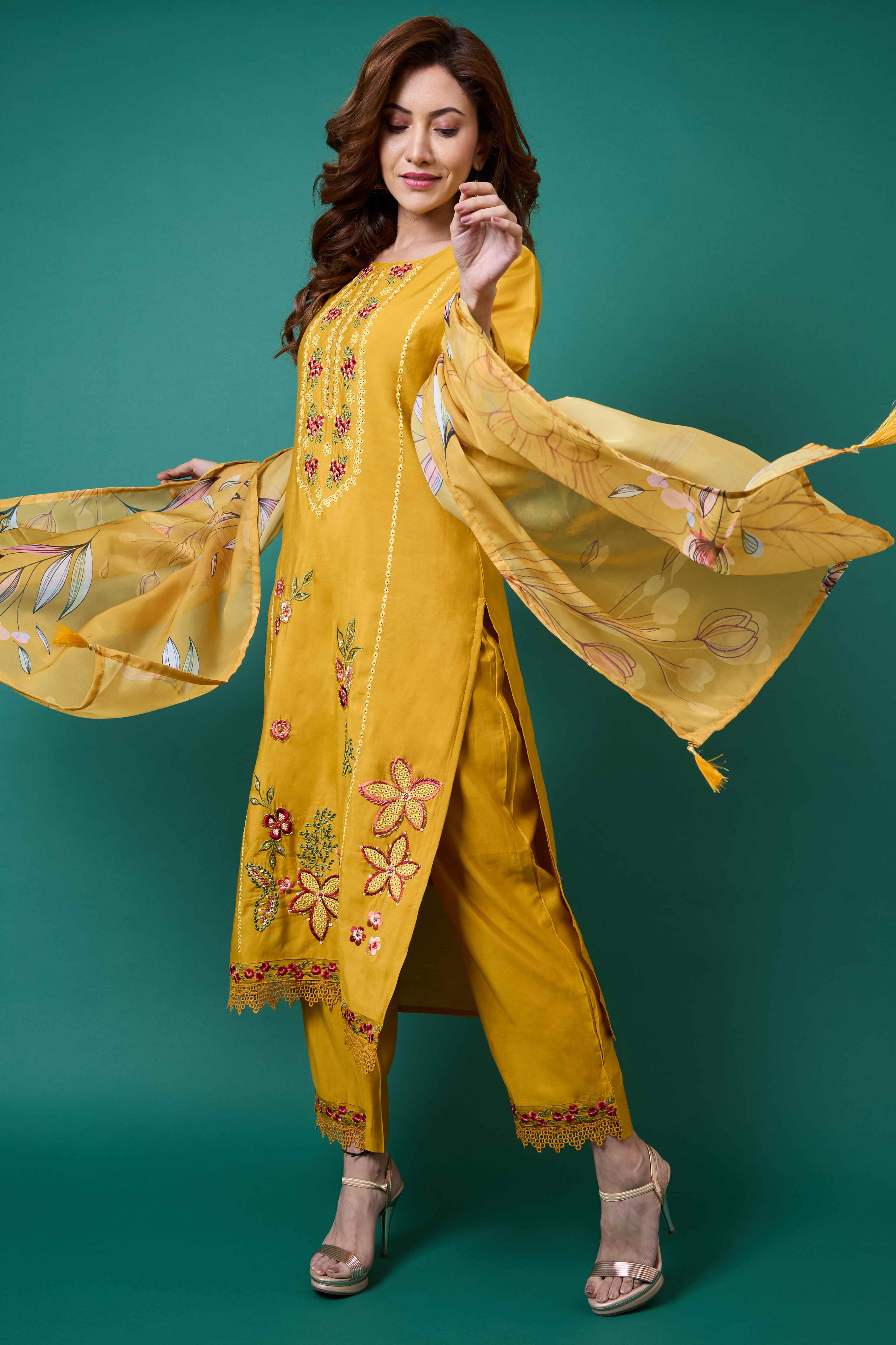 Mustard Floral Embroidered Chanderi Silk Salwar Suit