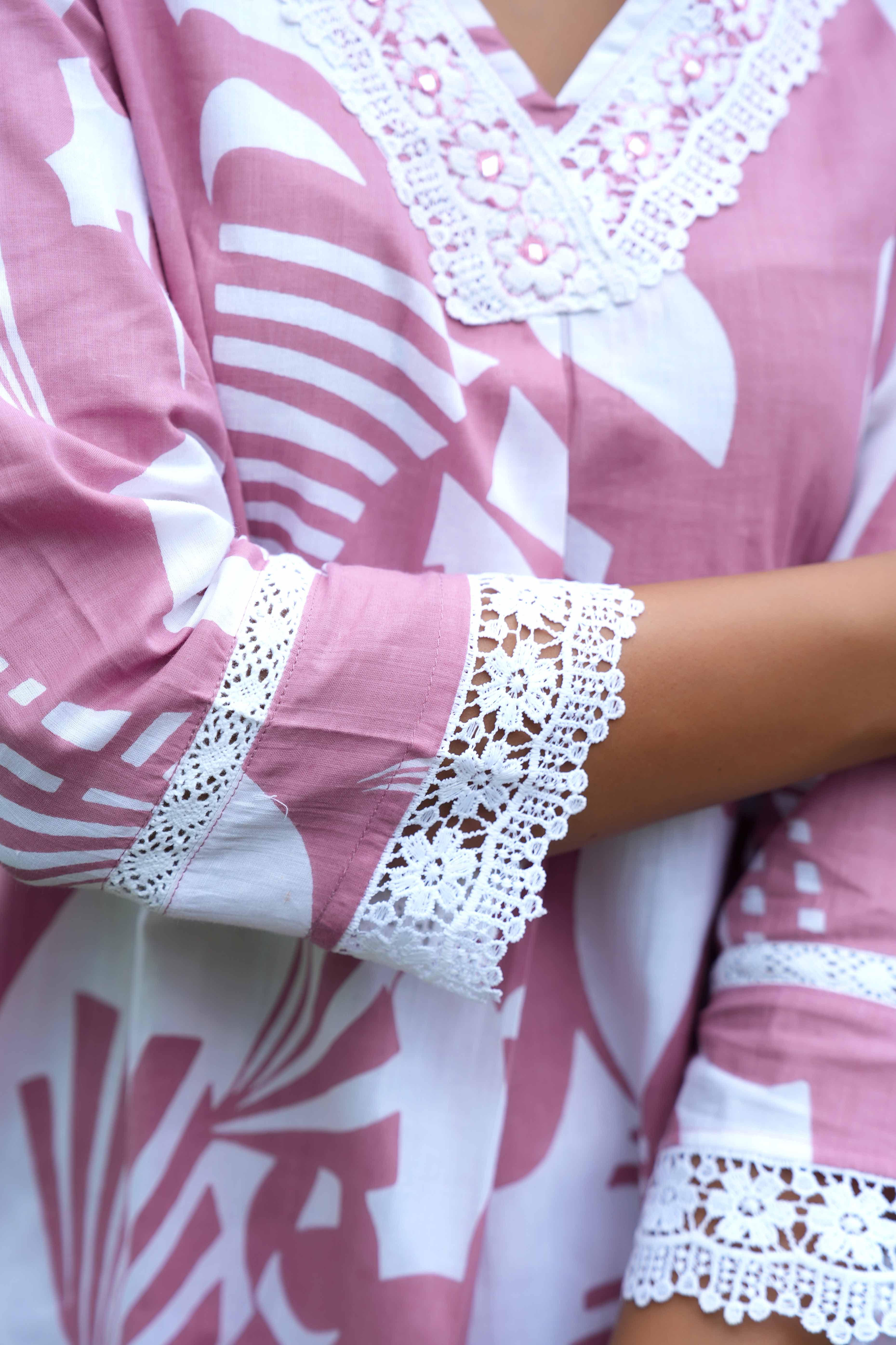 Relaxed Fit Pink Cotton Co-Ord Set with Delicate Floral Motifs - Image 9