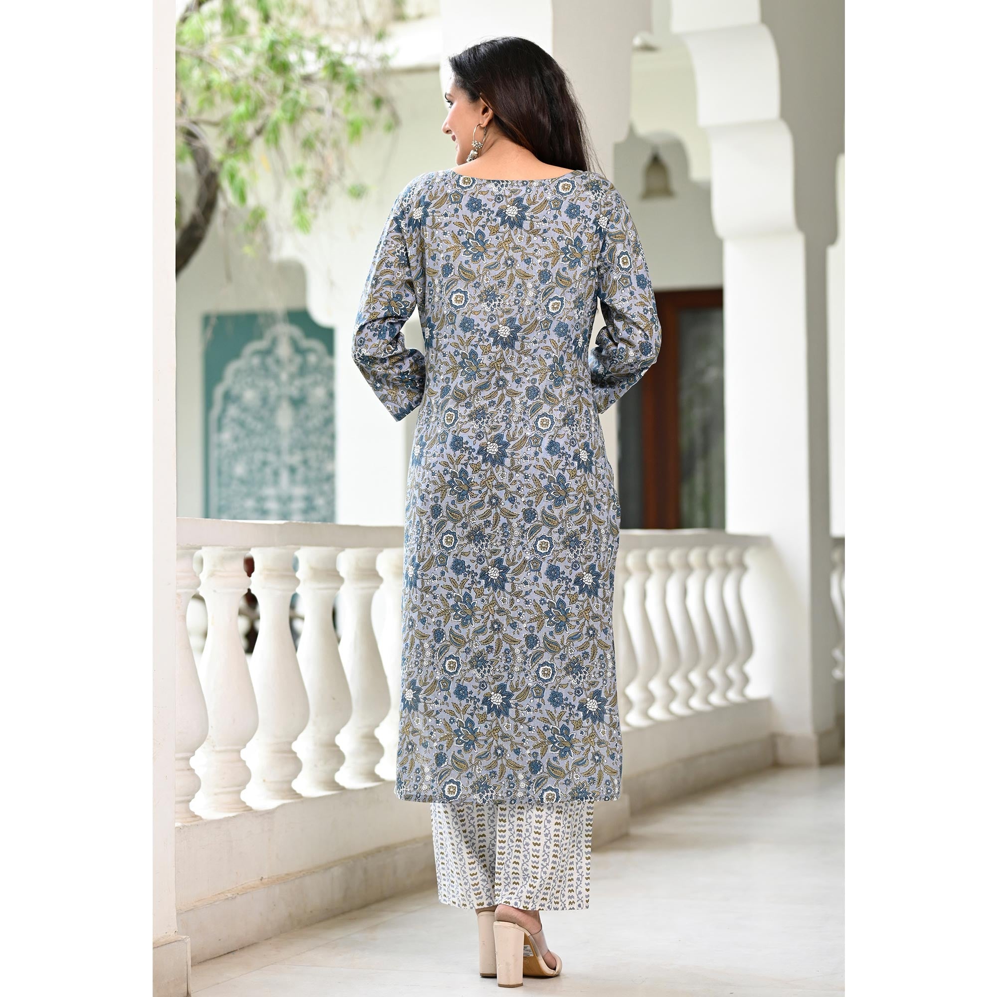 Blue Floral Printed Pure Cotton Suit