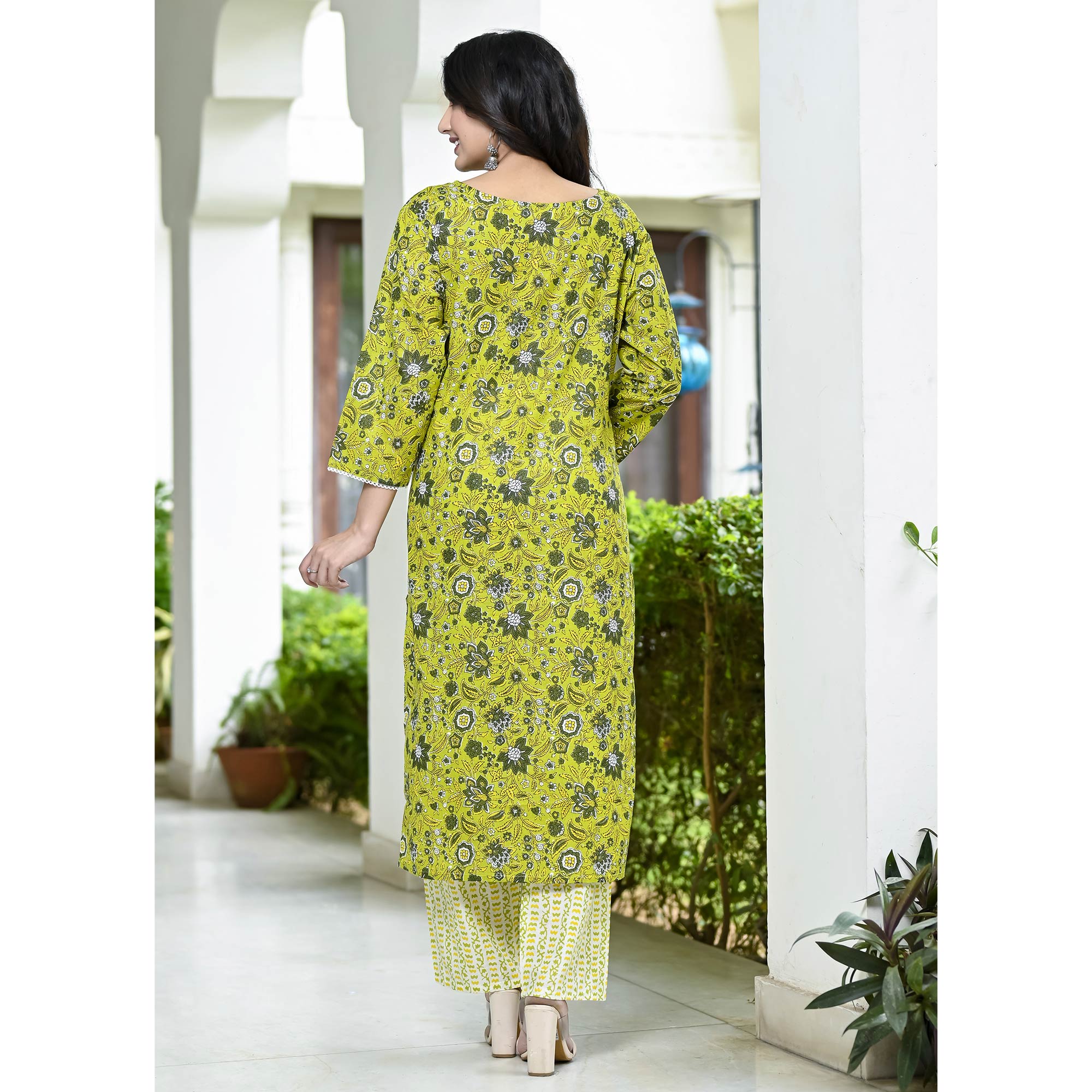 Lemon Green Floral Printed Pure Cotton Suit